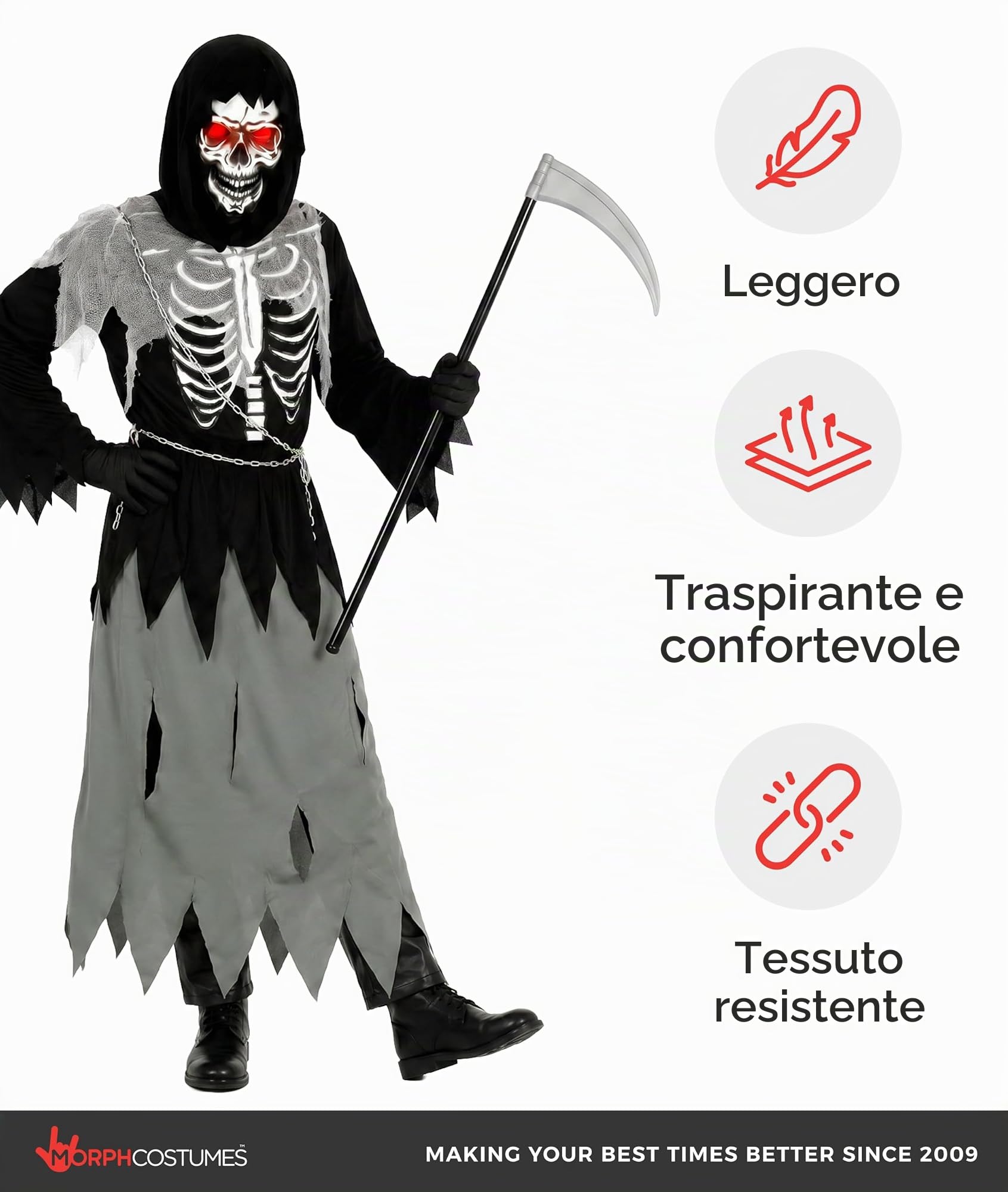 Morph Costume Morte Bambino, Costume Mietitore Halloween Bambino | Veste con Cappuccio, Catena, Falce & Occhiali LED, Perfetto per Halloween, Ideale per il Gioco di Ruolo