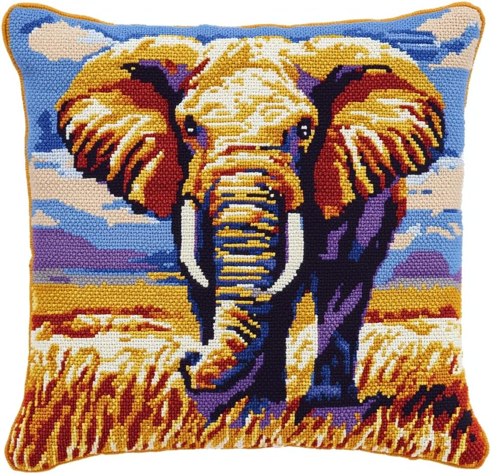AMBATTERY Latch Hook Kits for Adults Beginners Animal Elephant DIY Crochet Pillow Kit Pre-Printed Pillowcase Hook and Latch Rug Kits Needlework Cushion Cover 17x17 in