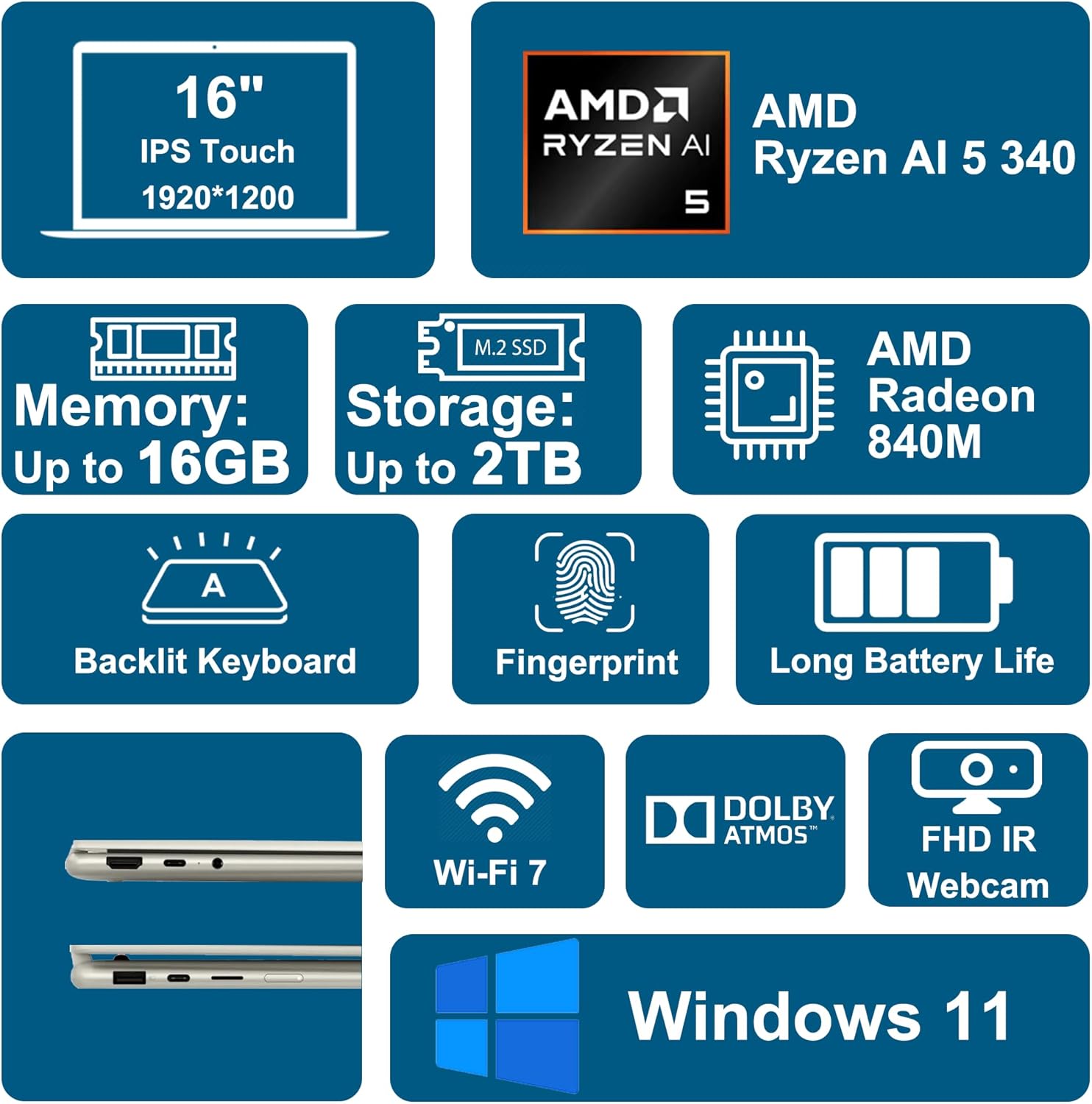 Lenovo Yoga 7 2-in-1 Laptop 16" WUXGA IPS Touch (Glossy Anti-Fingerprint) AMD 8-core Ryzen AI 5 340 (Up to 50 AI Tops) 16GB RAM 512GB SSD for Creator Business Professional Win11 ICP Hub