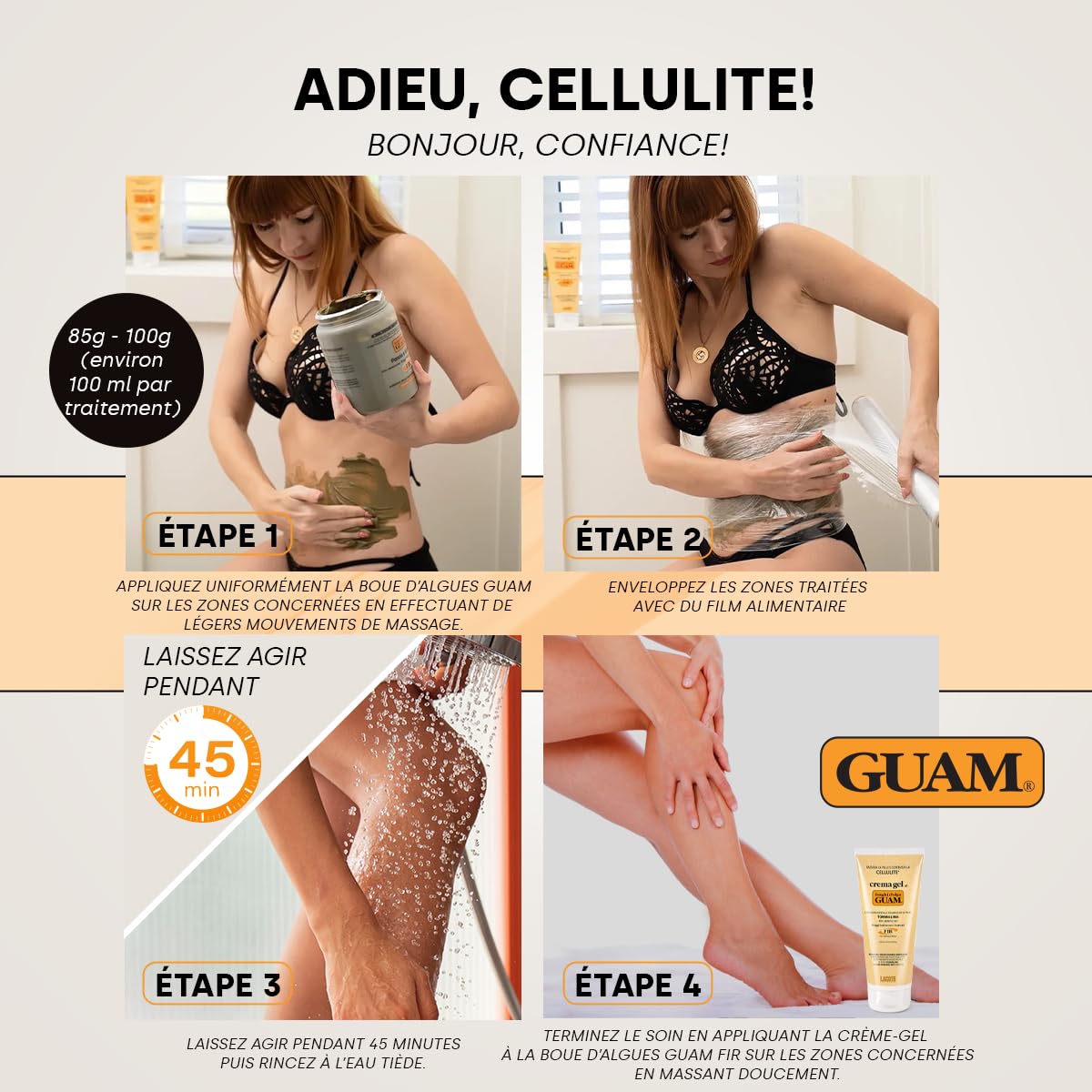 GUAM FIR Coffret Anti-Cellulite Boue d’Algues & Crème Gel à la Tourmaline - Duo Raffermissant Corps 1kg 250ml