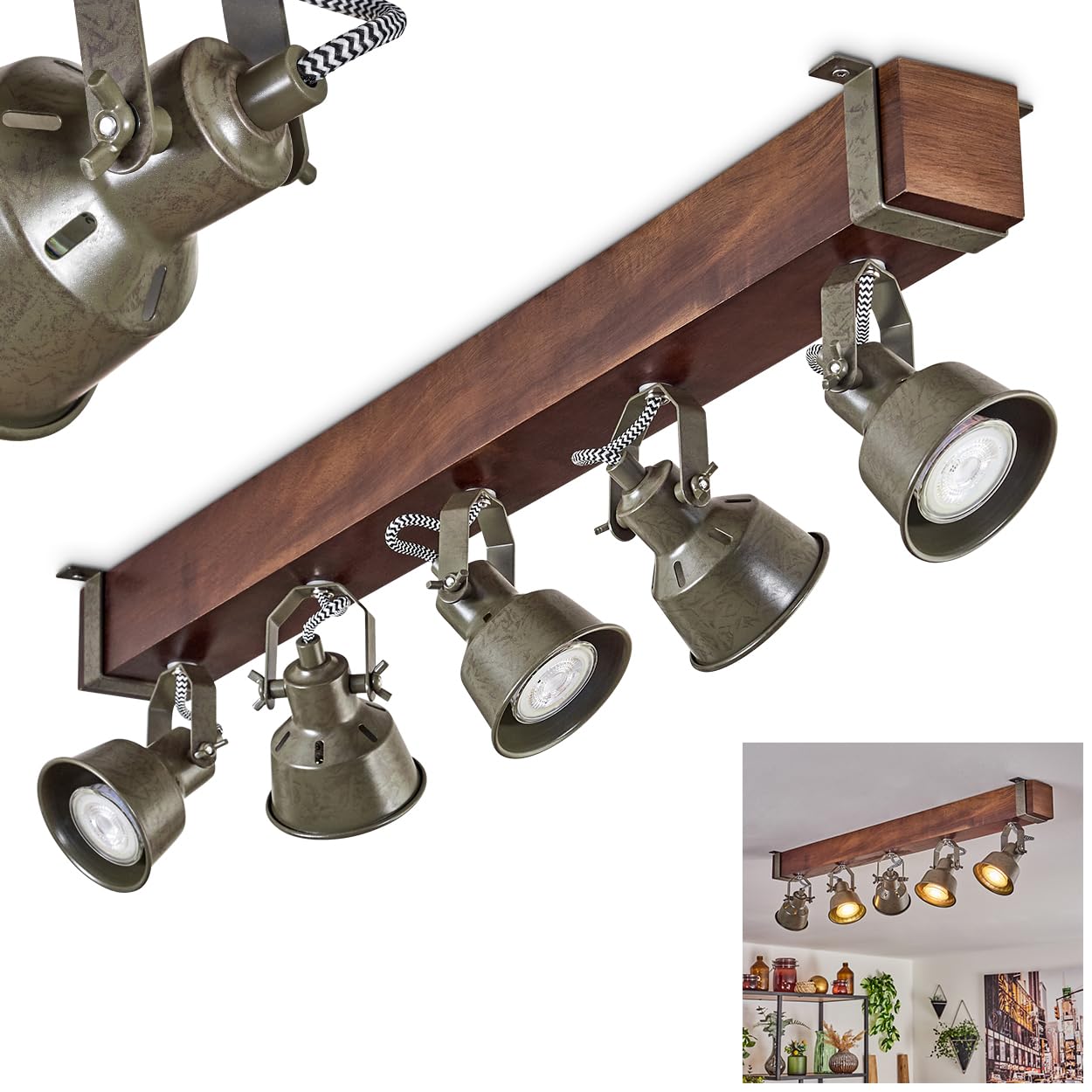 Pehefito, plafoniera moderna in metallo/legno nero/marrone scuro/verde/grigio, plafoniera industriale con paralume orientabile, 6 fiamme, 5 x GU10 senza lampadine