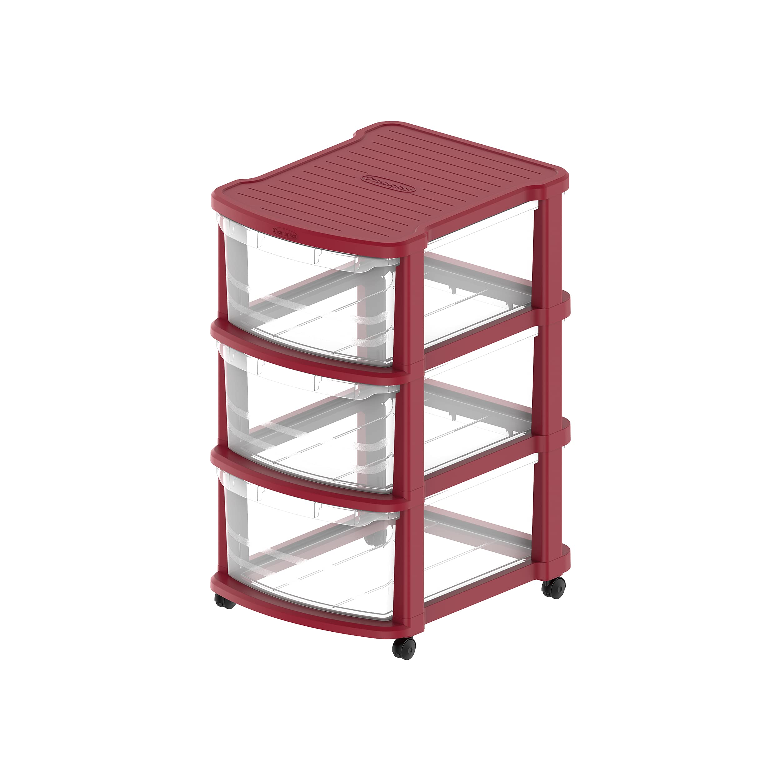 Cosmoplast 3 Tiers Multipurpose Storage Cabinet With Wheels, Dark Red With Translucent Drawers