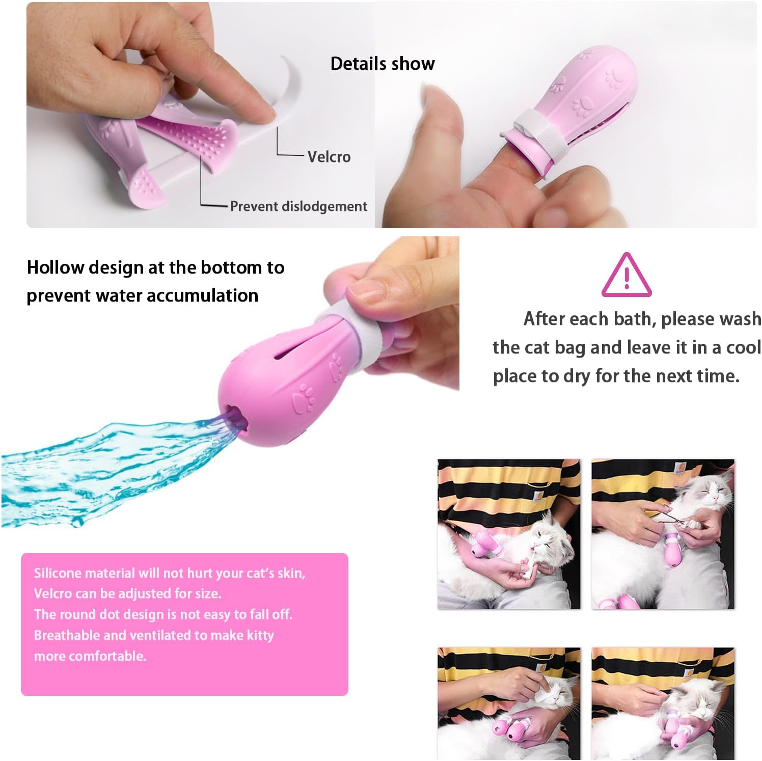 Anti-Scratch Silicone Cat Shoes and Cat Bathing Bag Pink image 5