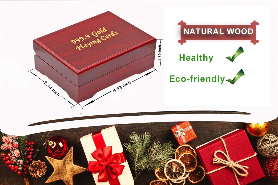 Mahogany Wooden Gift Box Case Holder and Luxury 24k Gold Plated Waterproof Playing Cards Poker,1 Deck for Poker Magic Trick,Poker Game,Texas,Decoration,Collection,Gift for Family