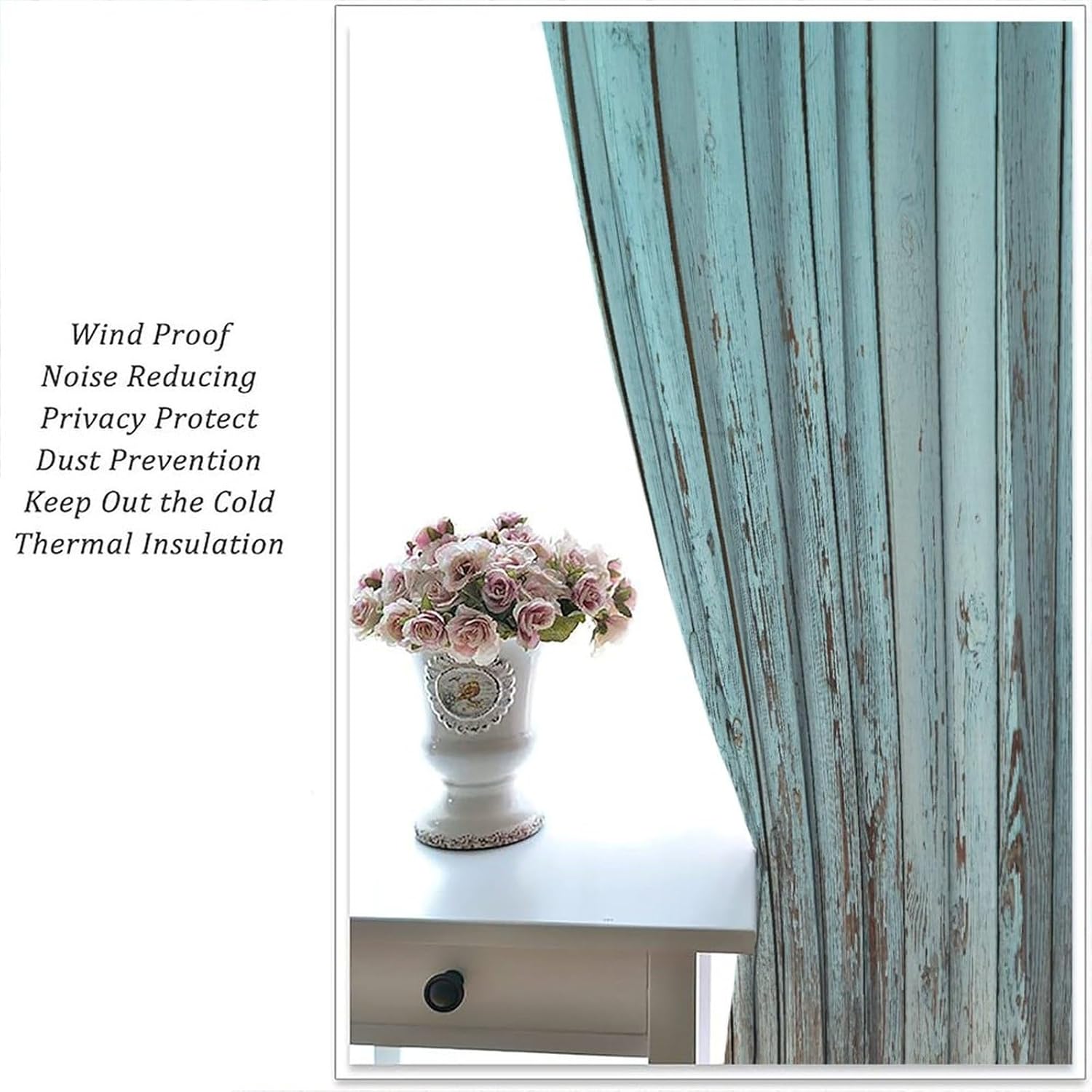 Rustic Wooden Board Blackout Curtains,Teal Grey Wood Plank Vintage Barn Door Farmhouse Pattern Drapes Window 2 Panel Rod Pocket Curtain for Bedroom Living Room Decor 21" W X 63" L