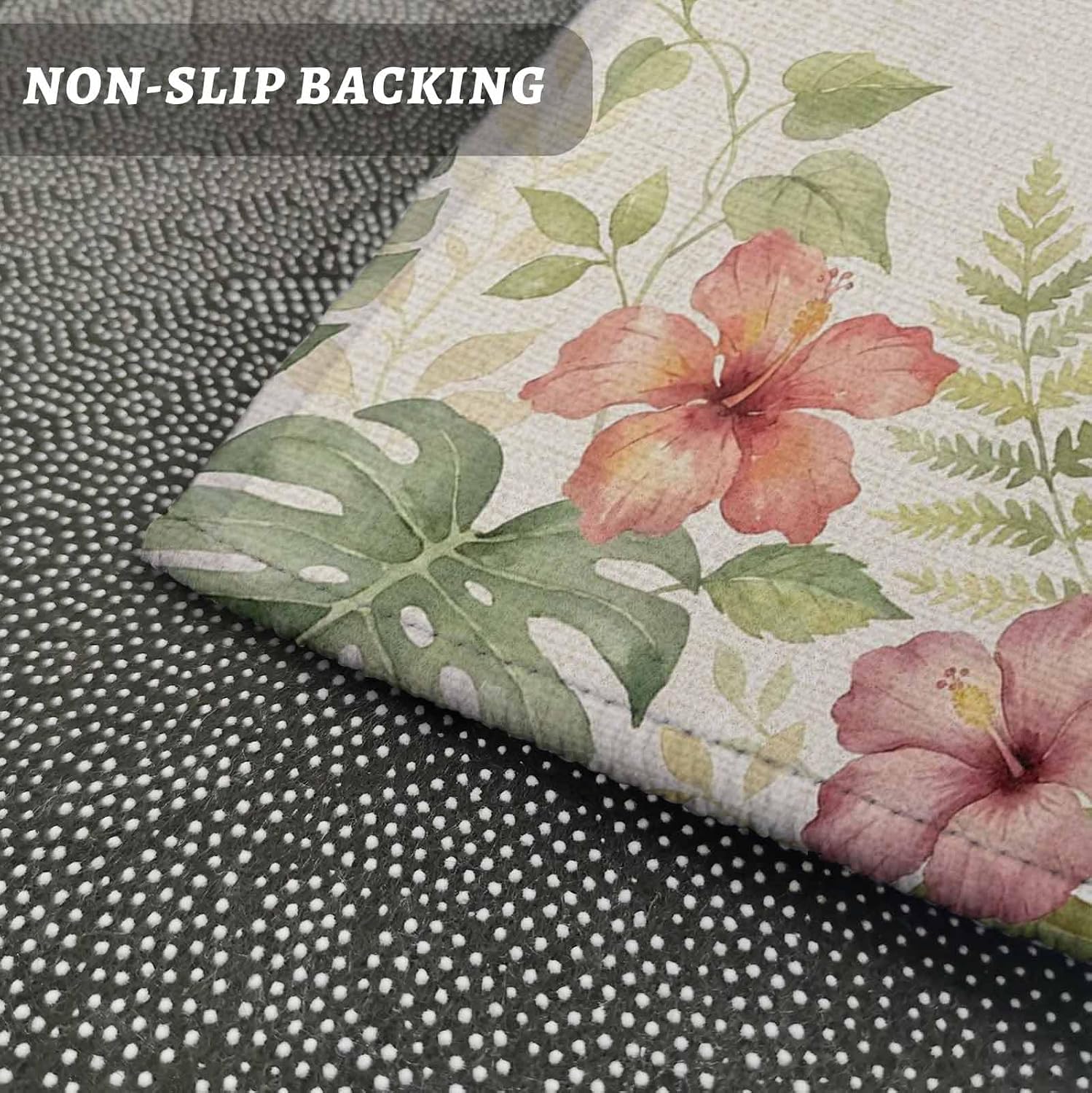 Kitchen Mats for Floor Watercolor Tropical Monstera Flower Washable Non Slip Kitchen Rugs 2PCS, Botanical Plant on Linen Absorbent Standing Mats for Sink Office Living Room 15.7x23.6in+15.7x47.2in