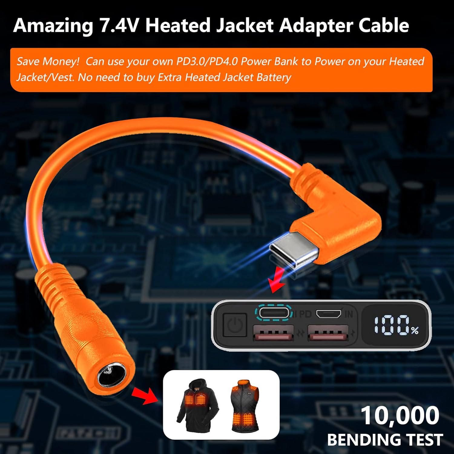 7.4V/9V Heated Vest & Jacket Battery Step-up Adapter Charger for ORORO,WASOTO Heated Jackets and Vests (Orange, 2PCS)