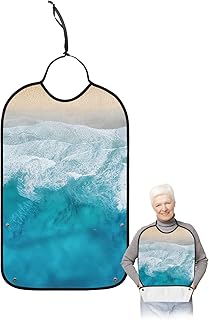 Kewadony Adult Bibs for Elderly Women - Beach Coastal Waterproof Dining Clothing Protectors with Crumb Catcher for Eating/Feeding, Aqua Ocean Ombre Sea Waves Seawater Terry Cloth Bib Machine Washable
