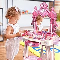 Vista 6 de Juego de mesa de maquillaje para niñas con taburete, juego de tocador para niños con luces y música, juego de salón de belleza para niños pequeños