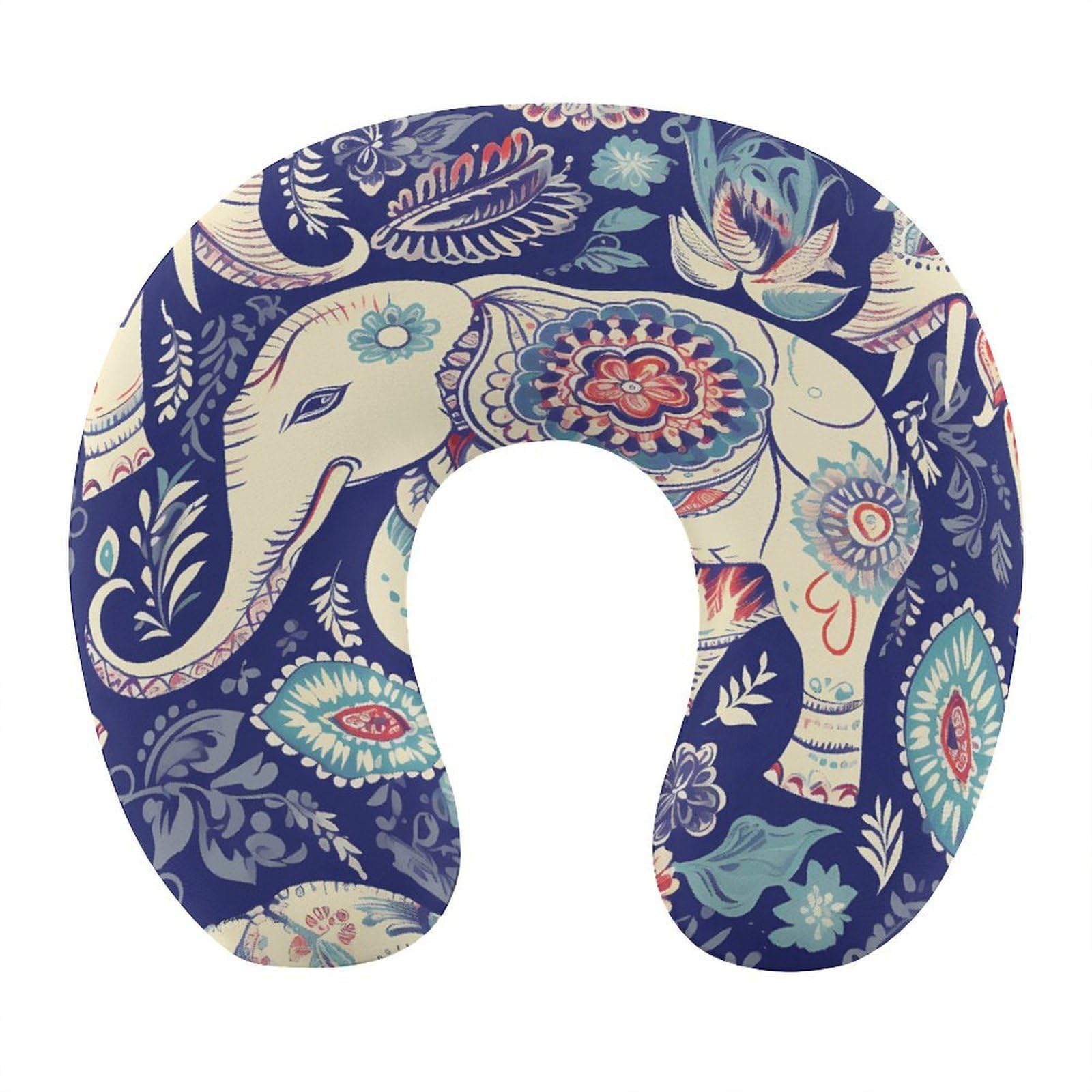 FekiLoot Boho Elephant Travel Pillow,U Shaped Office Napping Pillow Support Neck and Head Comfortable Travel Neck Pillow U Shape Sleeping Essentials for Long Haul Flights