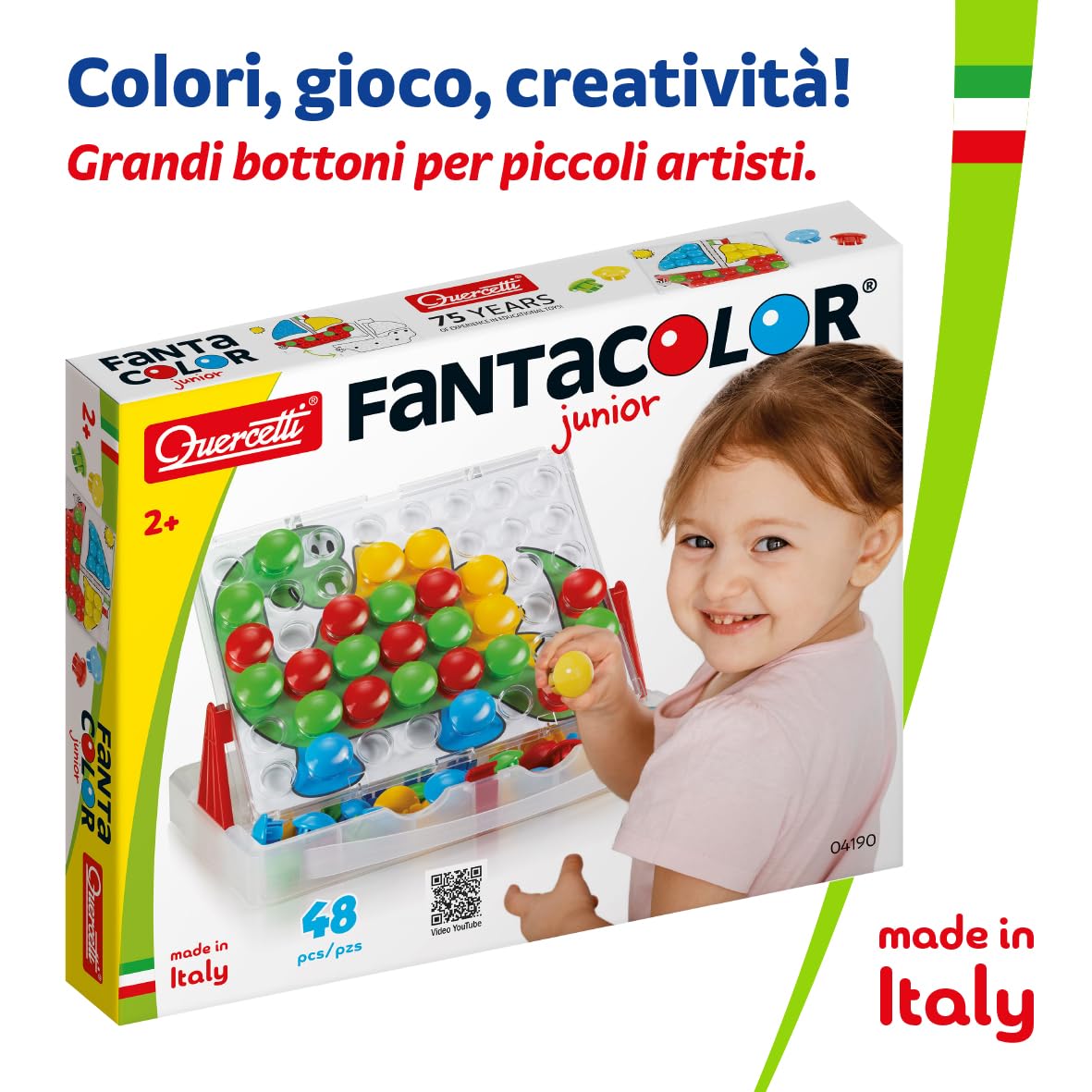Quercetti Fantacolor Junior,Gioco Educativo Mosaico Bambini 3D con Bottoni Colorati per Bambini Giochi Bambini 2 Anni con Valigetta Portatile 48 Bottoni e 16 Schede Regalo Bimba 2 Anni Made in Italy