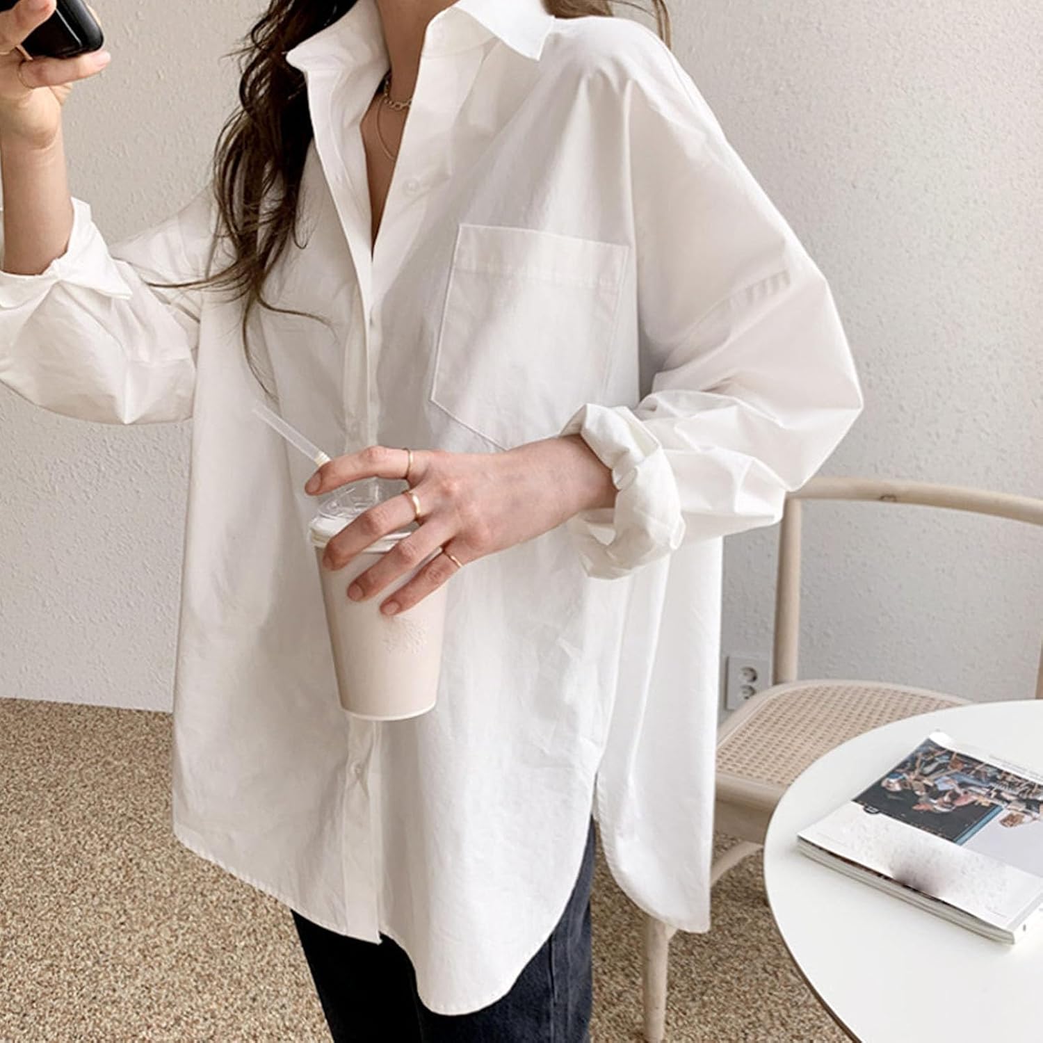 Women's Lapel Work Split Mid Long Shirt Button Front Slit Hem Long Shirt Dressy Work Formal Casual Blouses Shirts