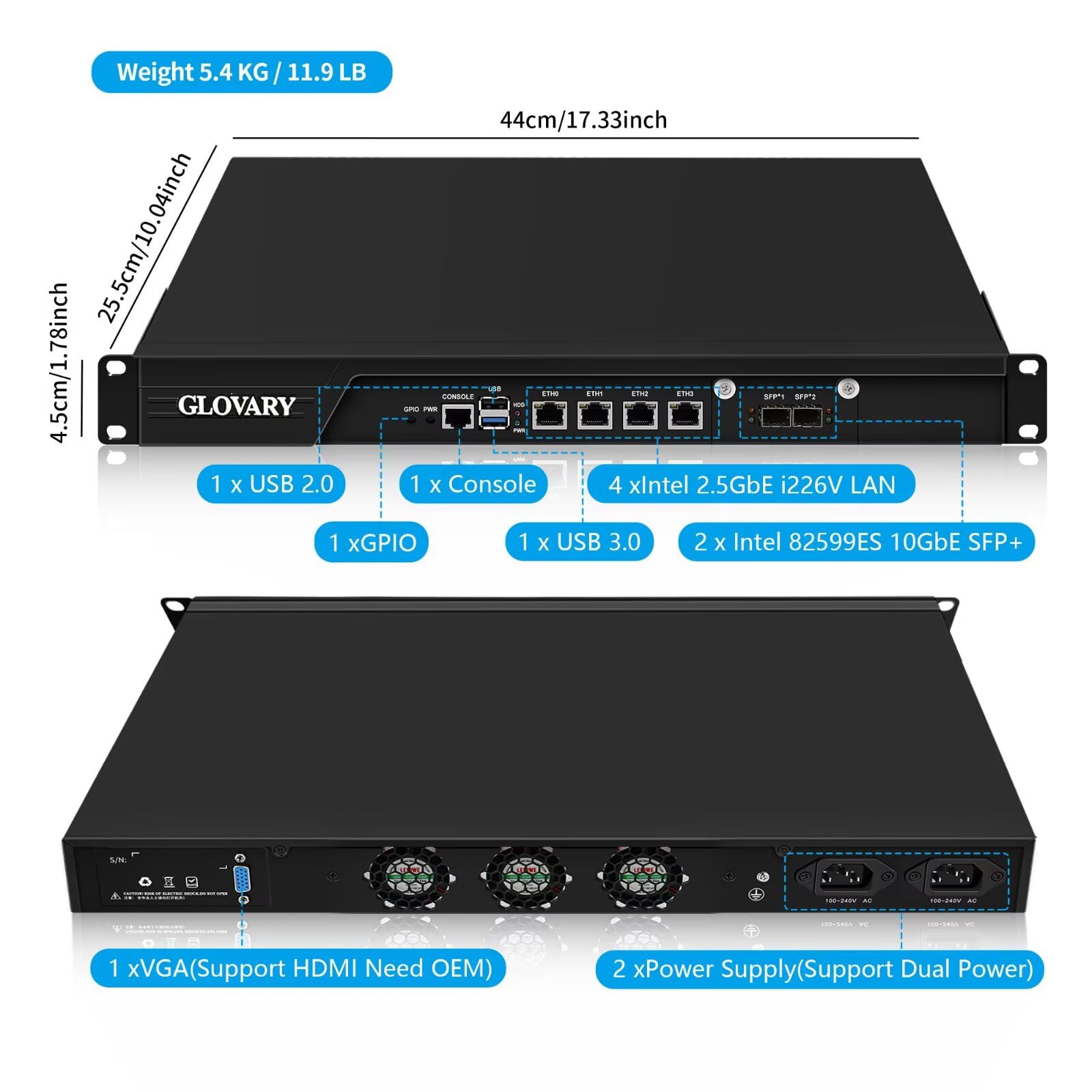 19" Firewall Rackmount N100, 2 x 82599ES 10GbE SFP+, 4 x i226V 2.5GbE LAN, 19 Pollici OPNsense Router Appliance, Barebone, 1U AES-NI Hardware, HD+VGA Dual Display, 2 x Power