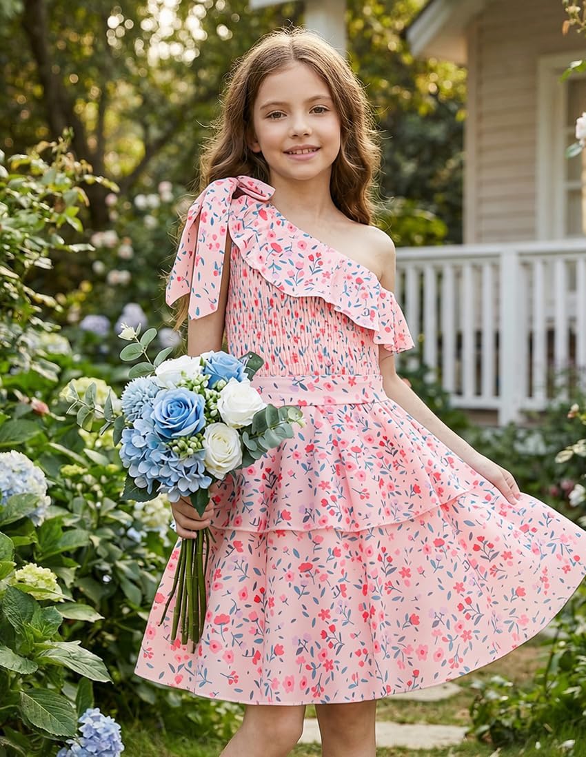 GRACE KARIN Girls Summer Spring Dress Kids One Shoulder Floral Dresses Teen Cute Party Flower 2 Layer Hawaiian Clothes 6-14 - Image 2
