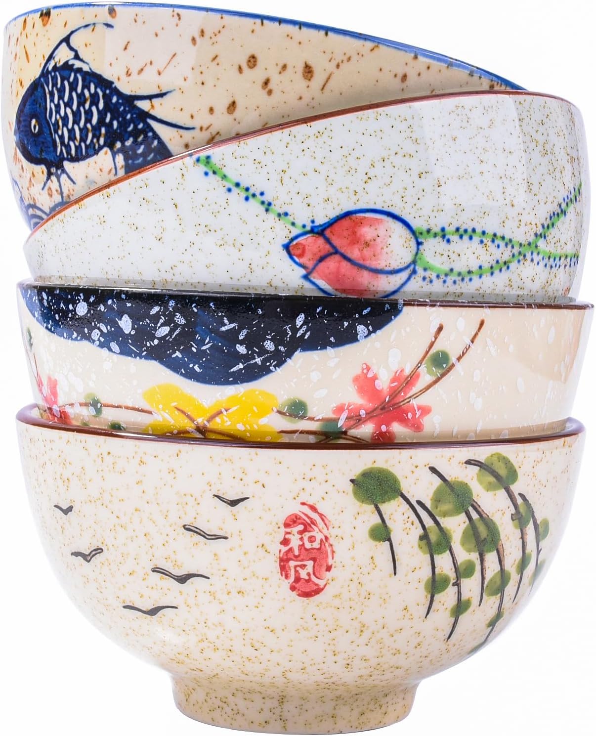 Whitenesser Japanese Ceramic Rice & Sushi Bowls Set – 4 Pack Hand-Painted Floral Design, Underglaze, Microwave & Dishwasher-Safe, Elegant Dinnerware for Home, Restaurants