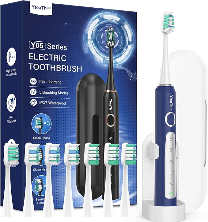 Cepillo de Dientes Eléctrico Sónico para Hombres - Cepillo Electrico Sónico Adultos con 8 Cabezales y Estuche de Viaje, 5 Modos, IPX7 Impermeable, Cepillo Dientes Electrico de Viaje Recargable, Azul
