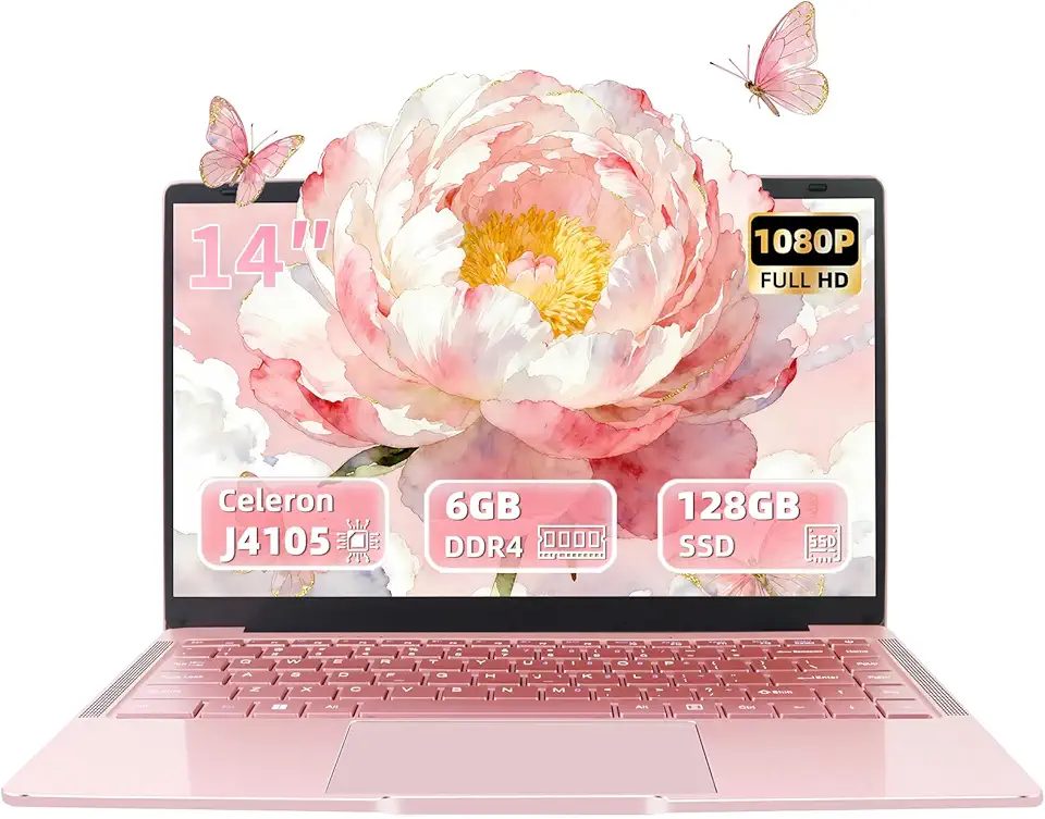 Laptop em ouro rosa de 14 polegadas, processador Intel Quad-Core J4105, tela FHD IPS, 6 GB de RAM, SSD de 128 GB, PC Win 11 Pro, notebook ultraleve para viagens, aulas online, trabalho e estudo