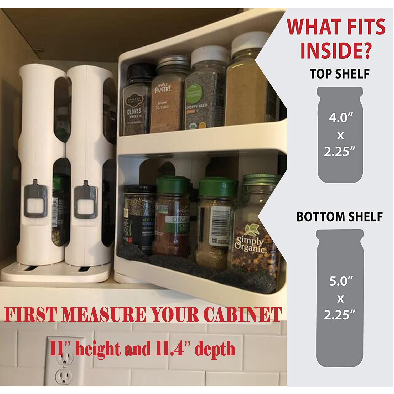 Pinelaxy Rotate Spice Rack Organizer, Two 2-Tiered Swivel Spice Rack Shelves for Kitchen, Multi-Function Seasoning Spice Jar Storage Rack (White)