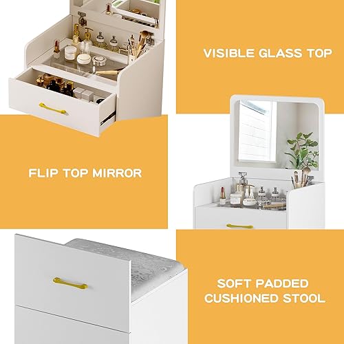 Miniatura 3 de JDPAG Escritorio de tocador 3 en 1 con espejo y luces, mesa de tocador de maquillaje con taburete acolchado, escritorio compacto para espacios