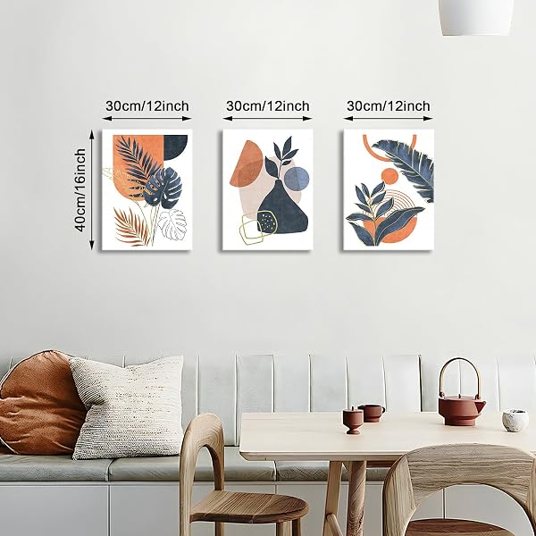3Pcs Framed Boho Canvas Wall Art, Mid Century Blue Orange Geometric Abstract Plant Leaves Wall Art Modern Home Decor Poster Canvas Painting Wall Decor for Bedroom Living Room Ready to Hang 30x40cmx3 - 2