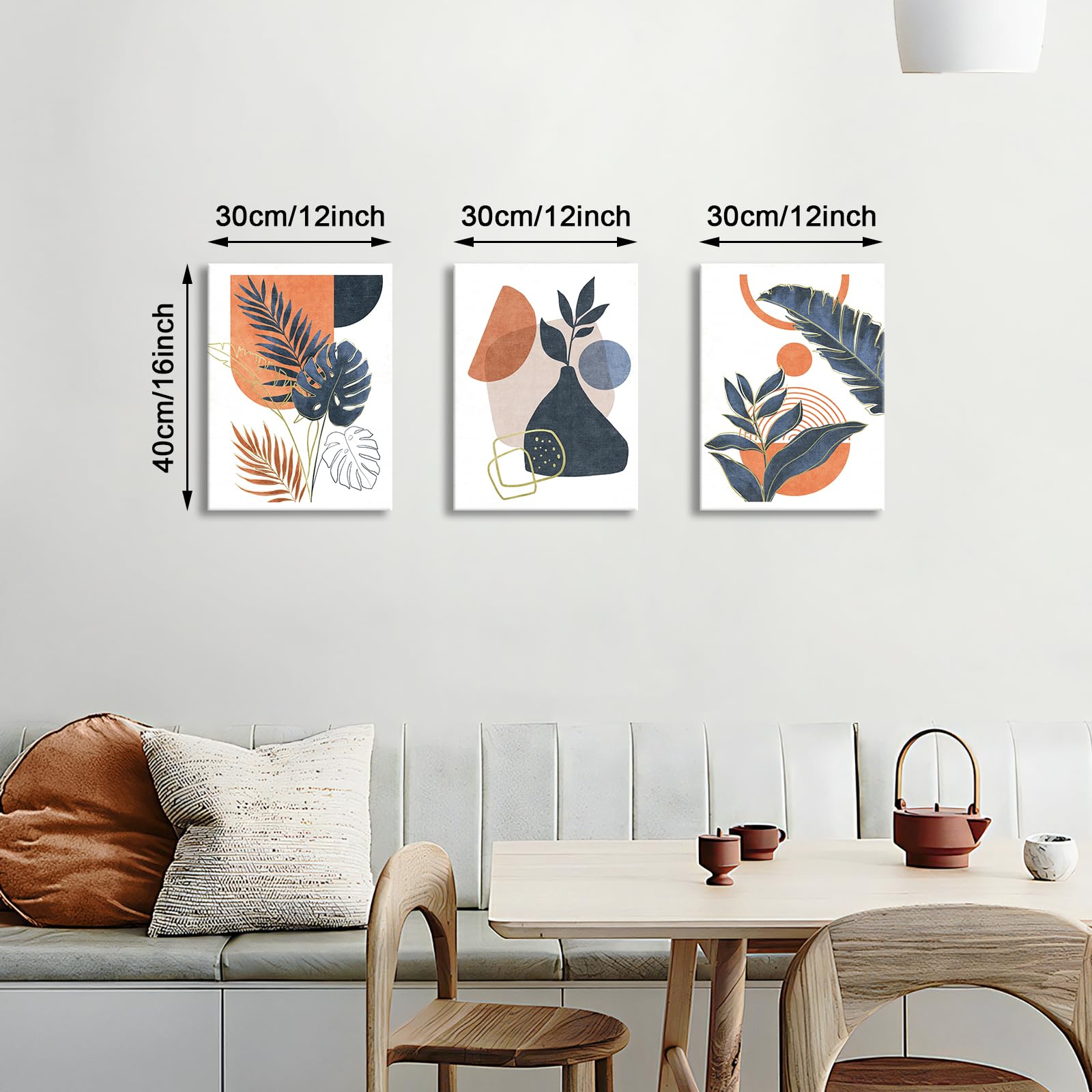 3Pcs Framed Boho Canvas Wall Art, Mid Century Blue Orange Geometric Abstract Plant Leaves Wall Art Modern Home Decor Poster Canvas Painting Wall Decor for Bedroom Living Room Ready to Hang 30x40cmx3 — view 2