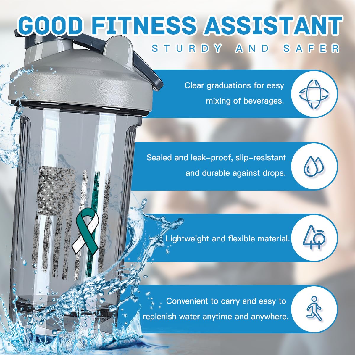 Cervical Cancer Awareness America Flag 18 Ounce Shaker Bottle Drink Mixer Leak-proof Pre Workout Protein Shakes Meal Replacement Shakes Bottles 500ML/18 Oz Gray&-ds5-2-2