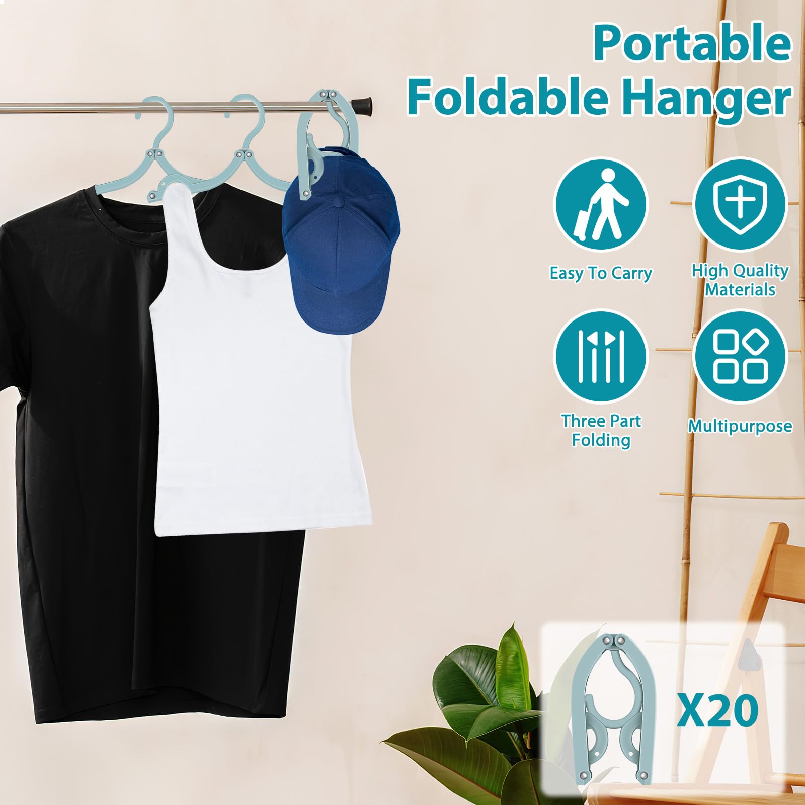 Confezione da 20 grucce da viaggio, leggere, portatili, con slot antiscivolo, salvaspazio, pieghevoli, in plastica, per viaggi, campeggio, casa, camper