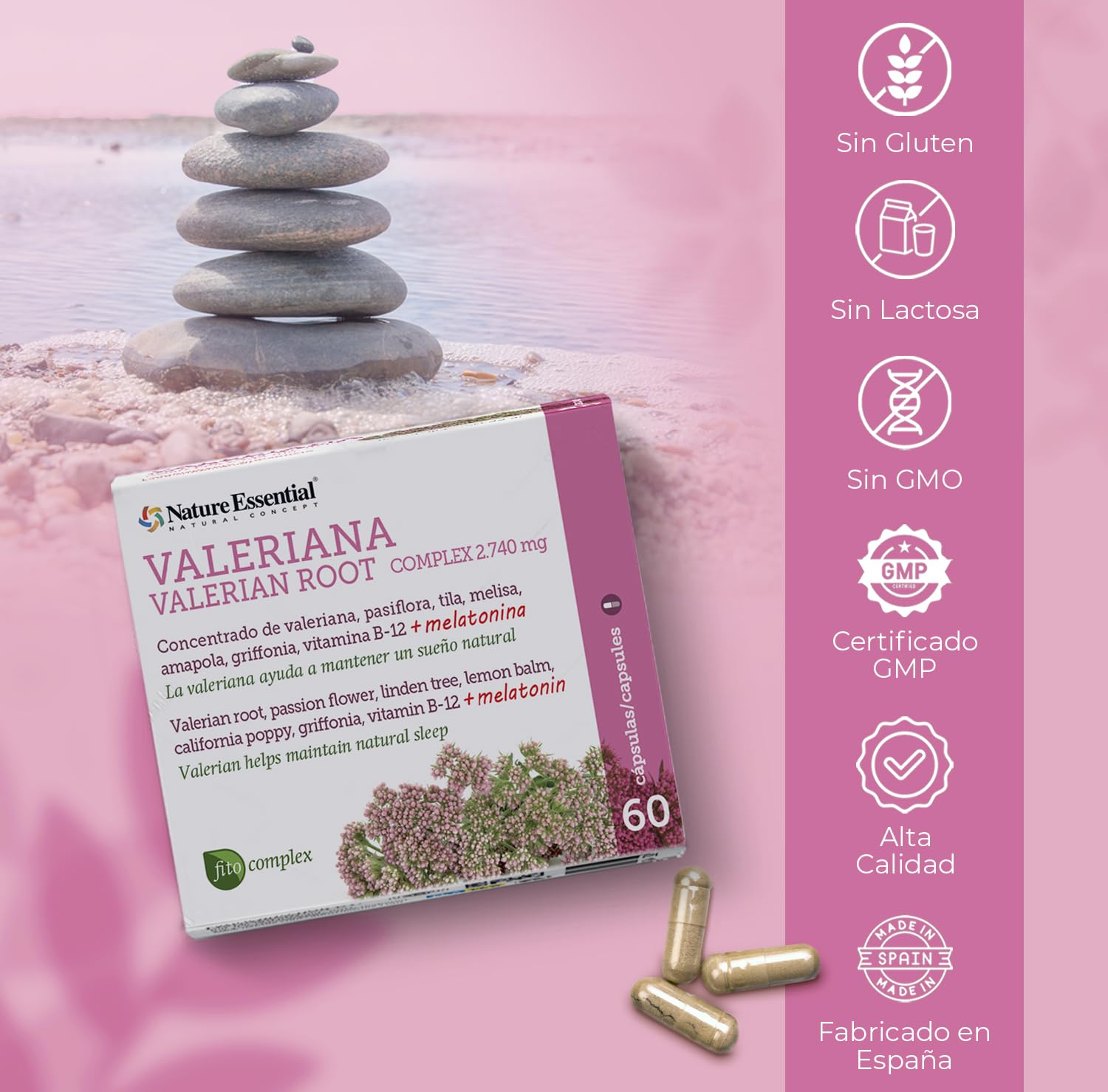 Nature Essential | Valeriana Complex 2.740 mg | 60 Cápsulas | Con Pasiflora | Fórmula a Base de Extractos Naturales