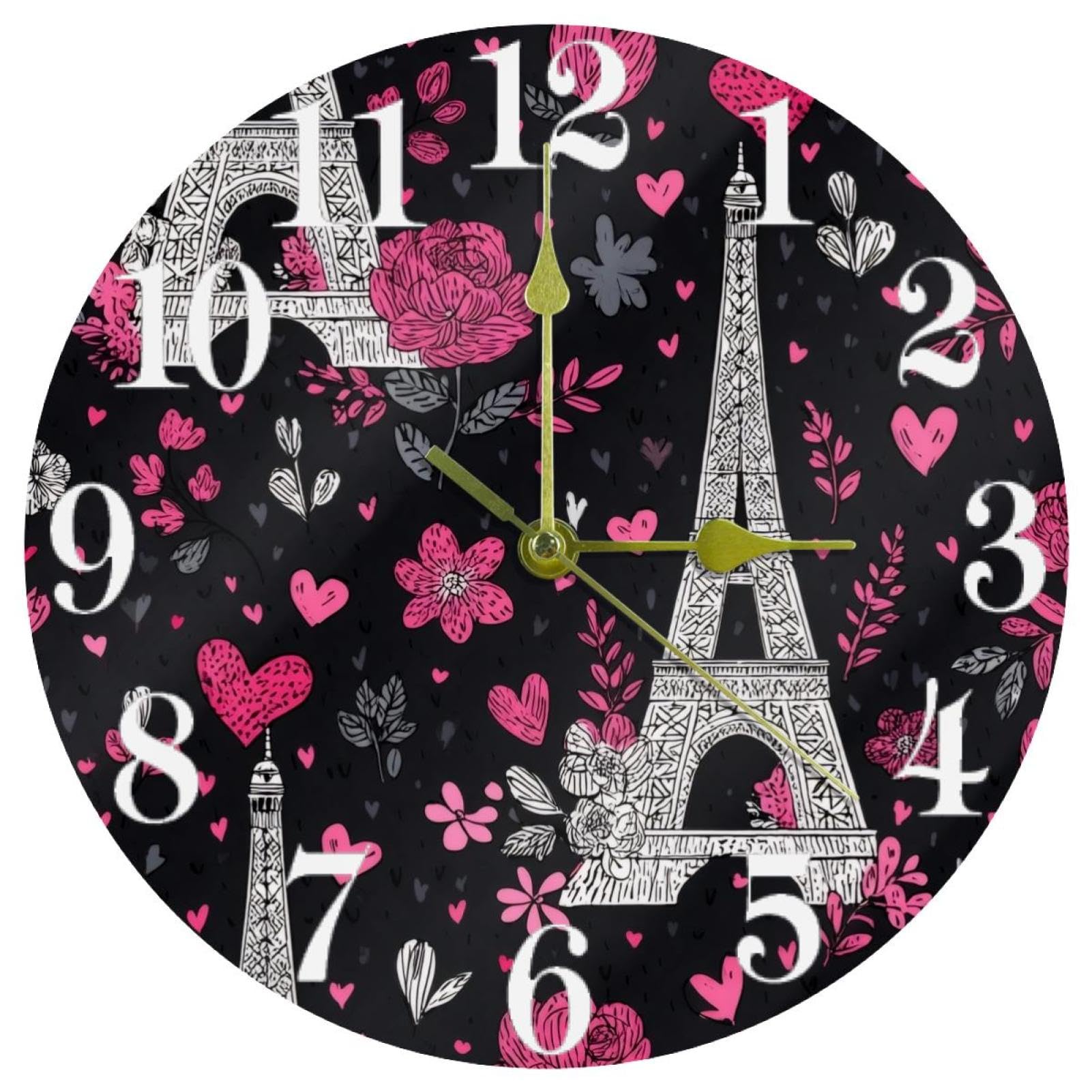 Horloge murale ronde silencieuse sans tic-tac à motif Tour Eiffel rose à pile