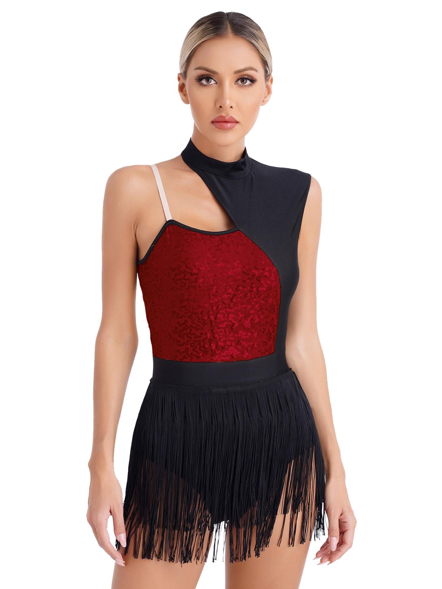 IEFIEL Vestido de Danza Lentejuelas con Flecos sin Manga para Mujer Maillot de Baile Latino Tango S-XXL