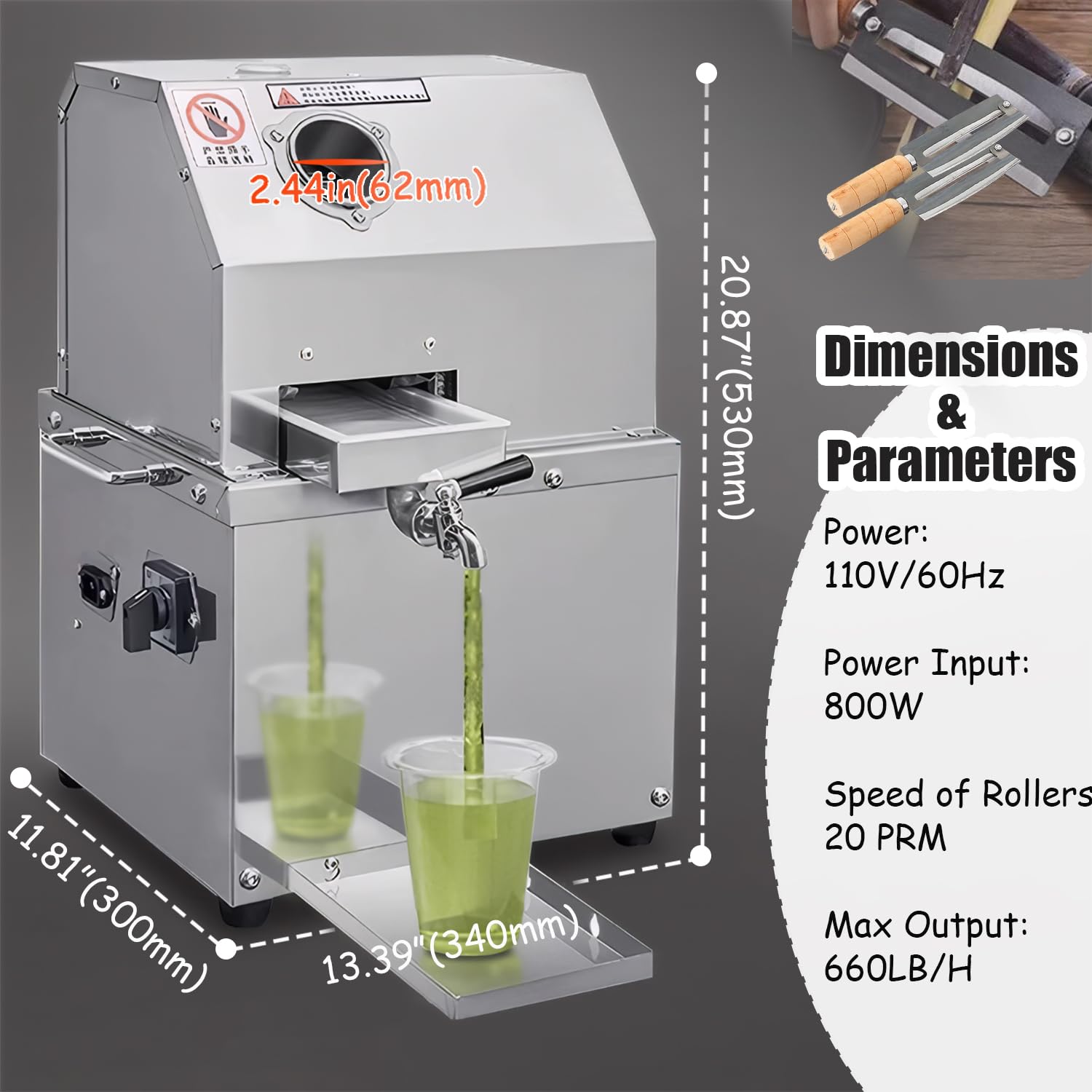 INTSUPERMAI 110V Commercial Electric Sugar Cane Juicer Press Machine, with 304 Stainless Steel 3 Rollers, Extractor Sweet Sorghum Press for Sugarcane Sweet Sorghum Juice Extractor Pressing