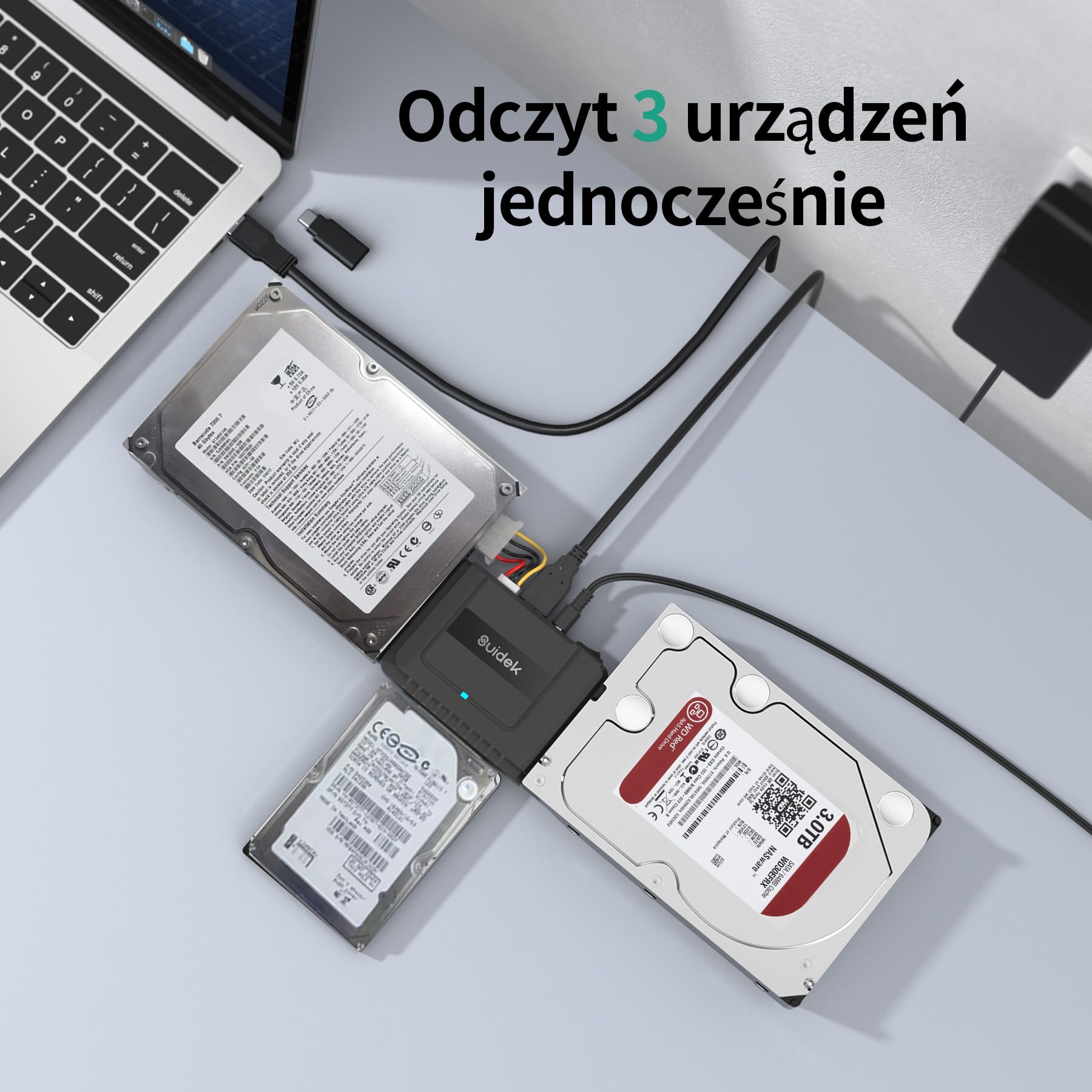 SUIDEK Konwerter USB 3.0 na SATA – zewnętrzny czytnik dysków twardych SATA na IDE dla dysków twardych HDD/SSD 2,5„/3,5”, adapter IDE na USB C kompatybilny z napędem optycznym