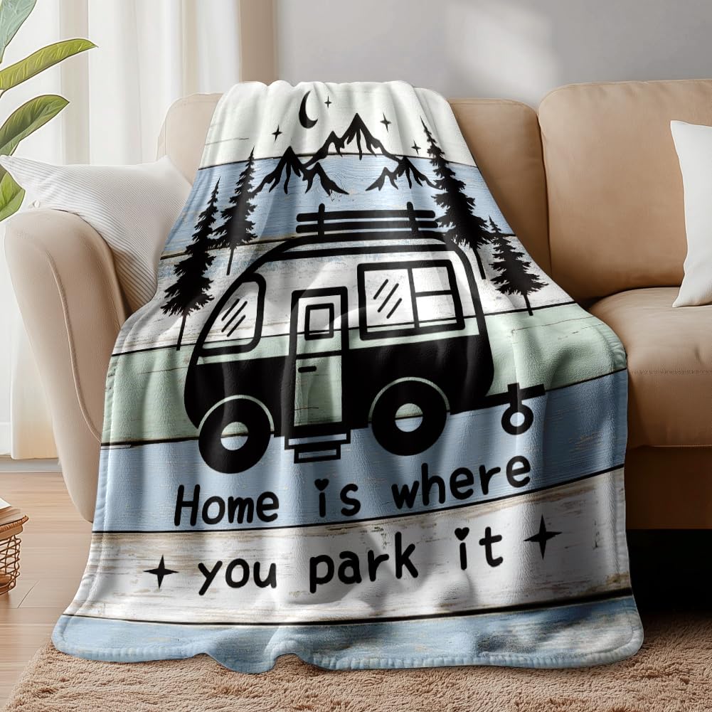 WADORN Camper Throw Blanket, Cozy Soft Camping Travel Car Throw Blanket Fuzzy Flannel Fleece Blankets Camping Gifts for Office Living Room Sofa Bed Couch Chairs, 59x51 Inch
