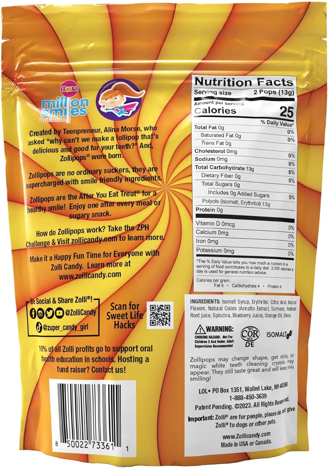 Zollipops Ananas et orange – Fusion acidulée de sucettes aromatisées à l'ananas et à l'orange, sac de 150 ml