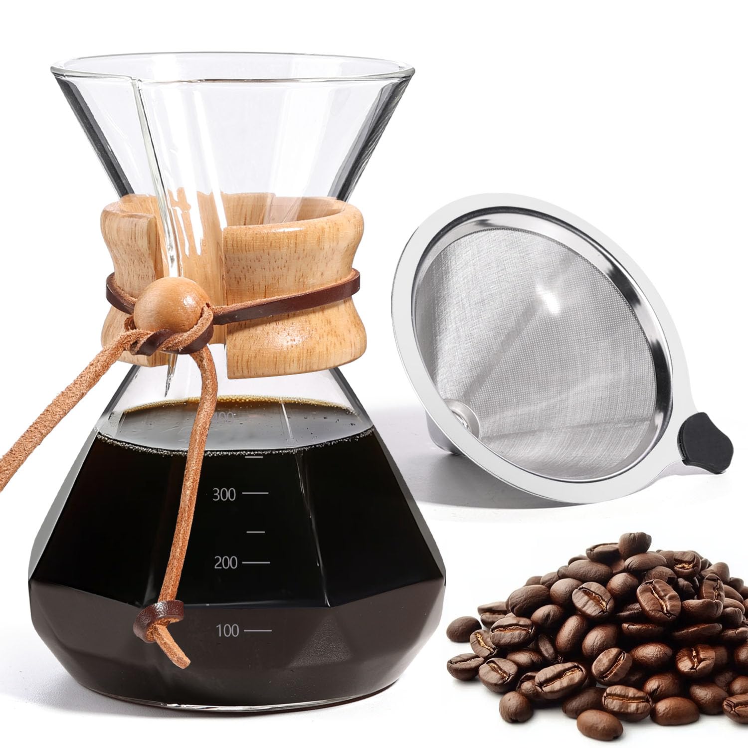 Pour Over Coffee Maker 14 OZ, 4 Cup Borosilicate Glass Drip Coffee Maker with Reusable Stainless Steel Filter and Cork Grip for Home Café 400 ML (Diamond Shape)