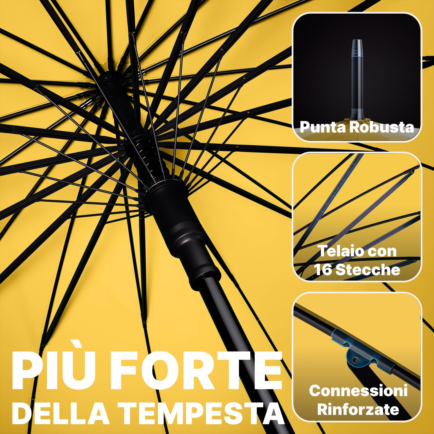 Royal Walk Ombrello Pioggia Antivento Grande 54 Pollici Ombrello Portatile Automatico Aperto Per 2 Persone Uomo Di Legno Leggero Resistente 16 Costole Golf Da Viaggio Impermeabile Robusto 120cm Giallo