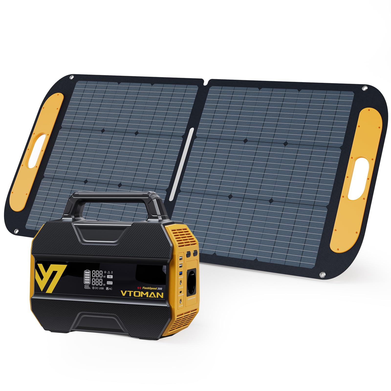 VTOMAN FlashSpeed 300 Station Électrique Portable -110W Panneau Solaire | 230Wh/300W (600W Pic) Camping Générateur, Batterie LiFeP04, 100W USB-C/230V AC Sortie pour Domestique, Pêche