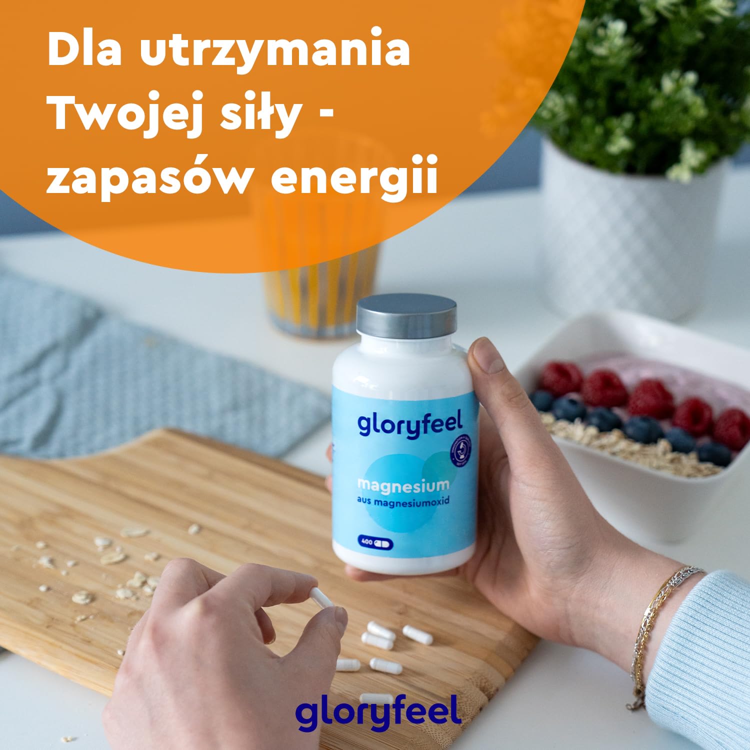 Magnez 400 kapsułek - 760 mg, w tym 400 mg magnezu pierwiastkowego na dzienną dawkę - Wspiera pracę mięśni i metabolizm energetyczny - Testowane laboratoryjnie - Wyprodukowano w DE bez dodatków