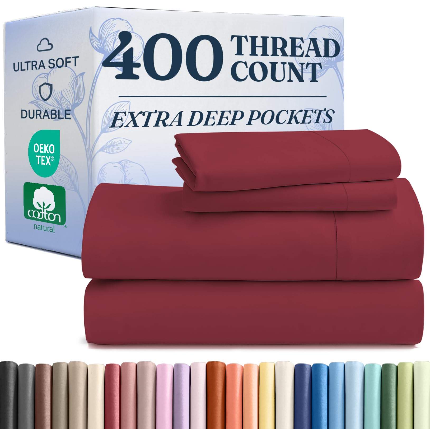 extra deep pockets 400 thread count 100% cotton 4 piece king size bedding sheet set - breathable & cooling - hotel luxury bed sheets set - extra soft, wrinkle free & comfy burgundy bedding sheets set