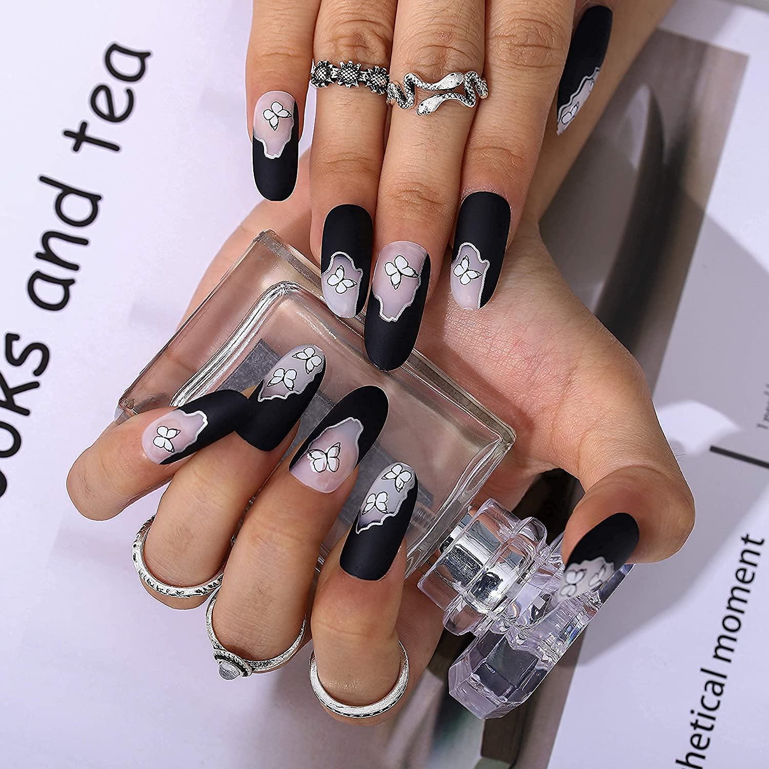 Amazon.com: Yovic Matte Black Press on Nails Butterfly Long Fake Nails  Coffin False Nails Full Cover Acrylic Nails for Women and Girls  (24PCS)(Butterfly) : Beauty & Personal Care