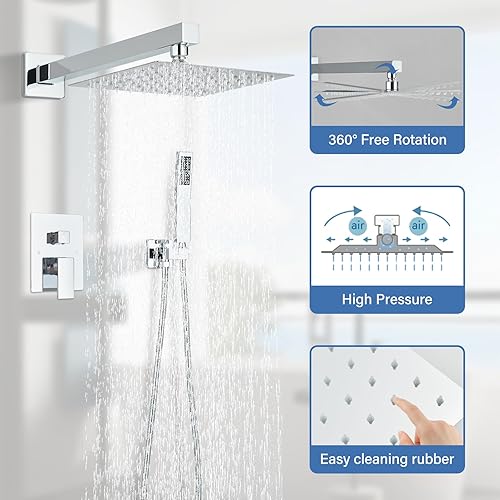 Miniatura 24 de Juego de grifo de ducha de níquel cepillado con cabezal de ducha de lluvia de 12 pulgadas y rociador de mano montado en la pared con válvula