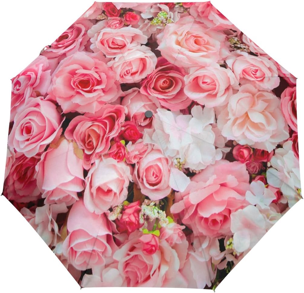 funnyyAutomatic Folding Umbrella Flower Floral Rose Print Pink Auto Open Compact Portable Umbrella for Girls Boys Women