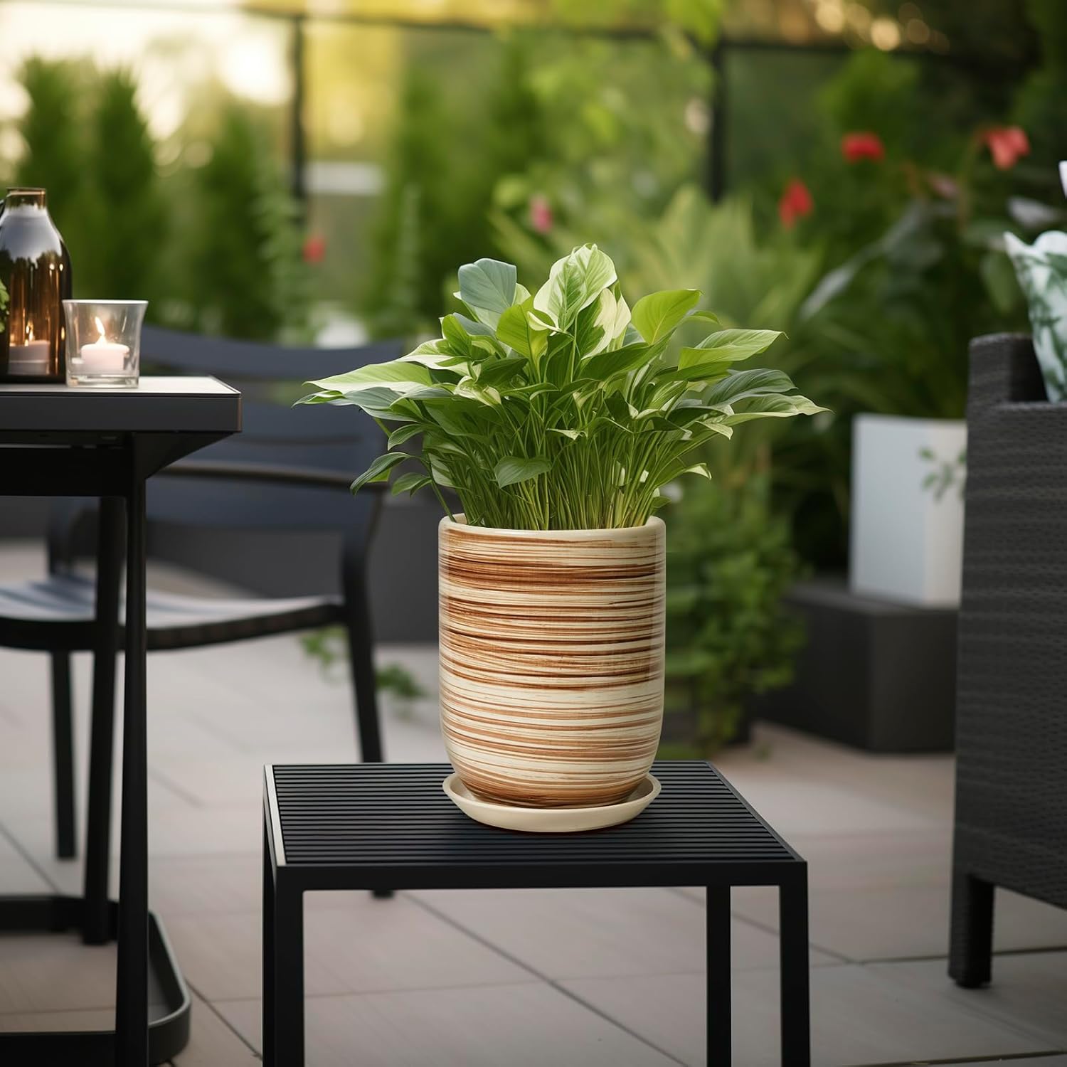 8 Inch Plant Pot, Ceramic Planter for Outdoor Plants, Large Plant Pot Indoor with Drainage Hole and Saucer, Modern Flower Pot for Home Garden Decor Yellow - Image 4