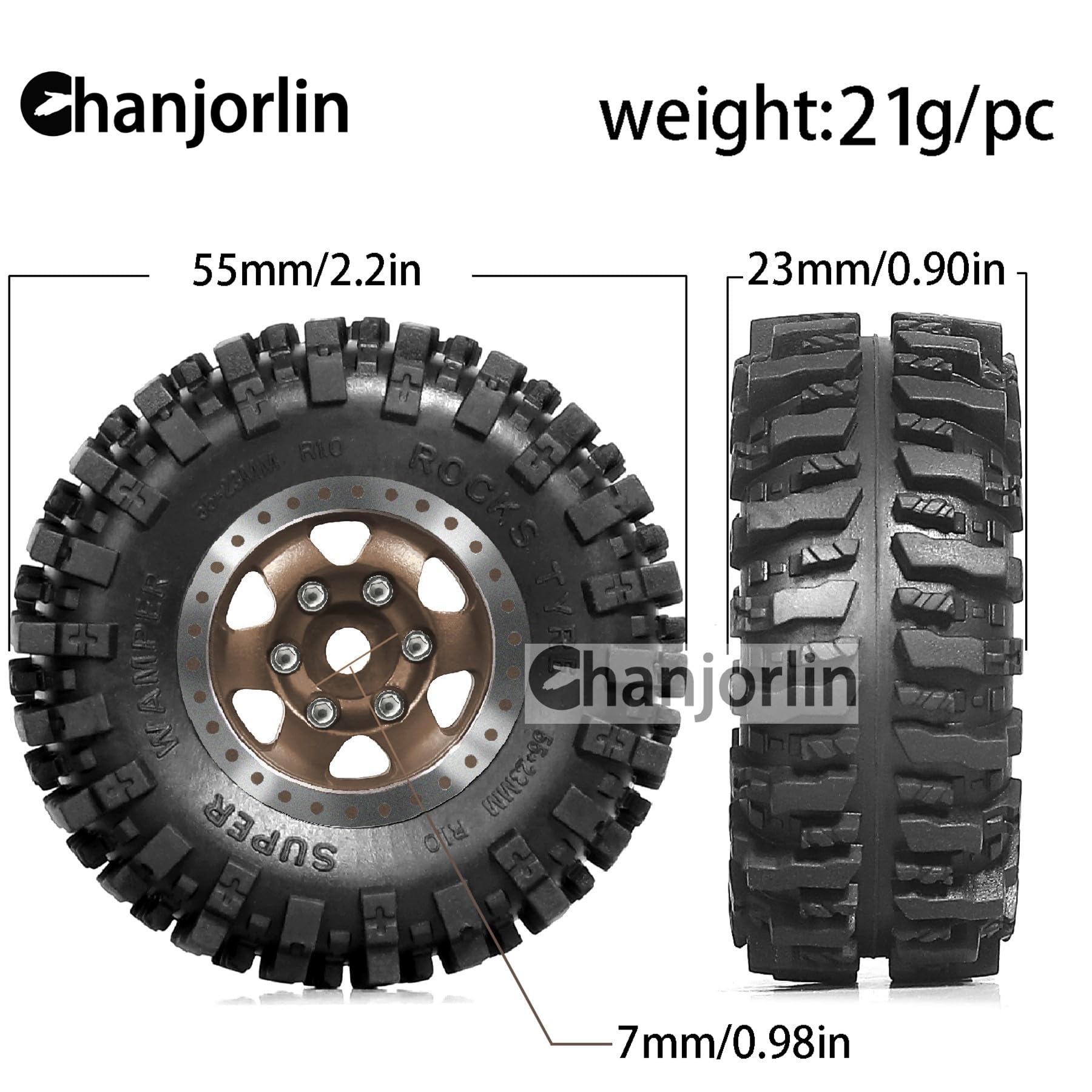 Chanjorlin 1/24 1/18 RC Crawler Tires and Beadlock Wheels Rims Offset -2.5mm 1.0 Super Soft Sticky Mud Terrain Rock Tyres OD 55mm For 1:24 1:18 Car Axial SCX24 FMS AX24 FCX18 FCX24 TRX4M 4Pcs (Bronze)