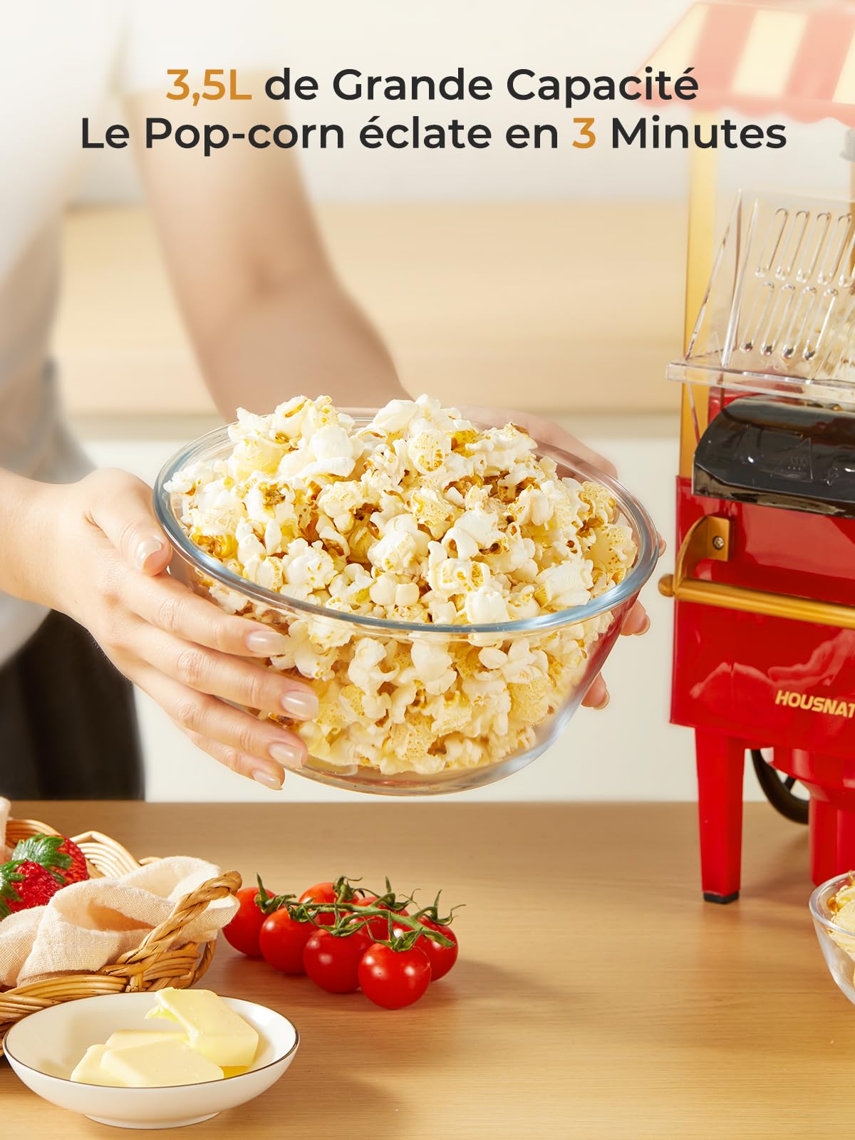 3,5L Machine a Pop Corn, HOUSNAT 1200W Machine à Popcorn à Air Chaud, Popcorn Allégé Sans Huile, Popcorn Prêt en 3 Minutes – Idéal pour la Famille et les Soirées Entre Amis