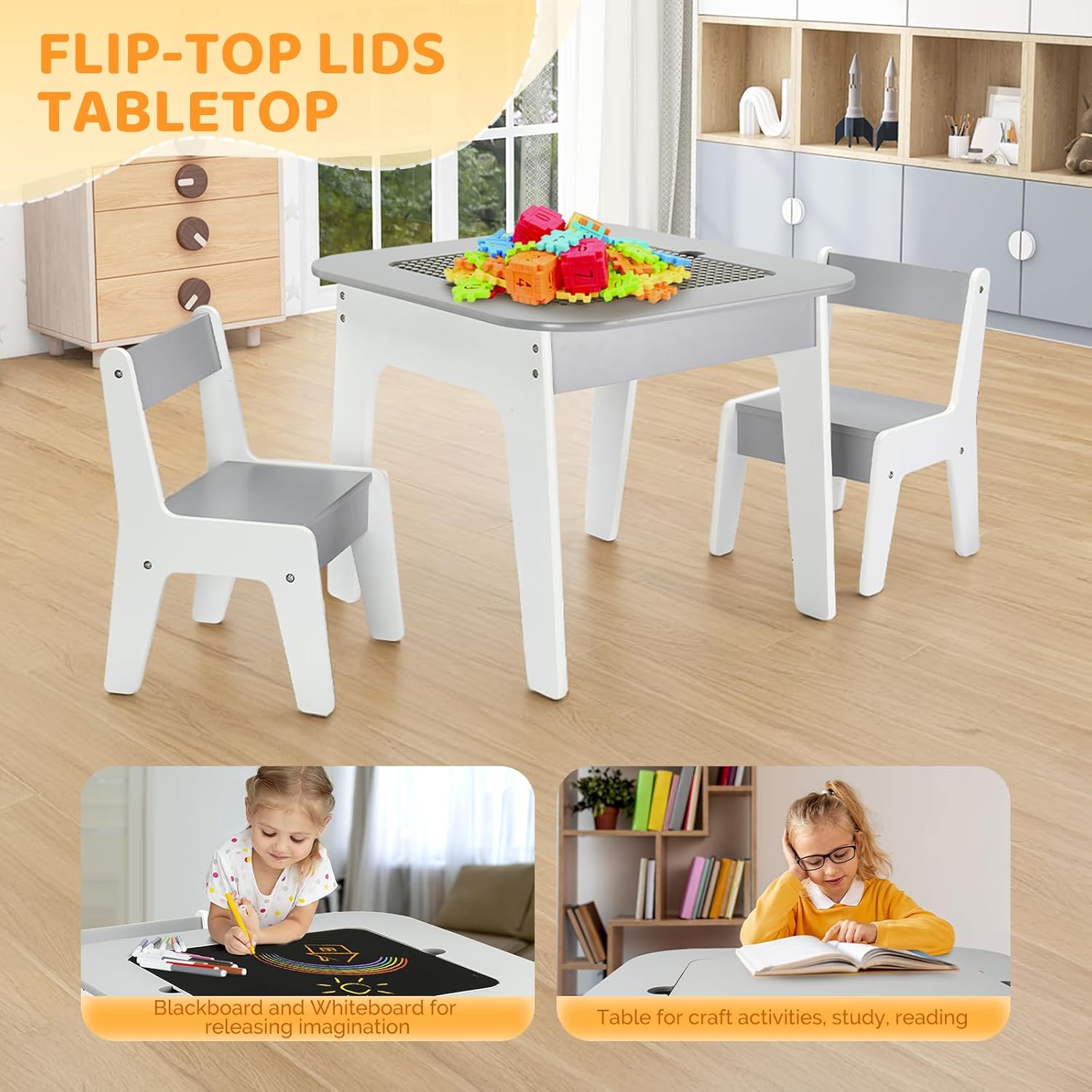 JOYMOR Toddler Table and Chair Set with Storage, 4-in-1 Tabletops Kids Table and Chairs for Crafts (Building-Blocks Board, Blackboard, Whiteboard), Wooden Activity Table for Toddlers Playing (Grey)