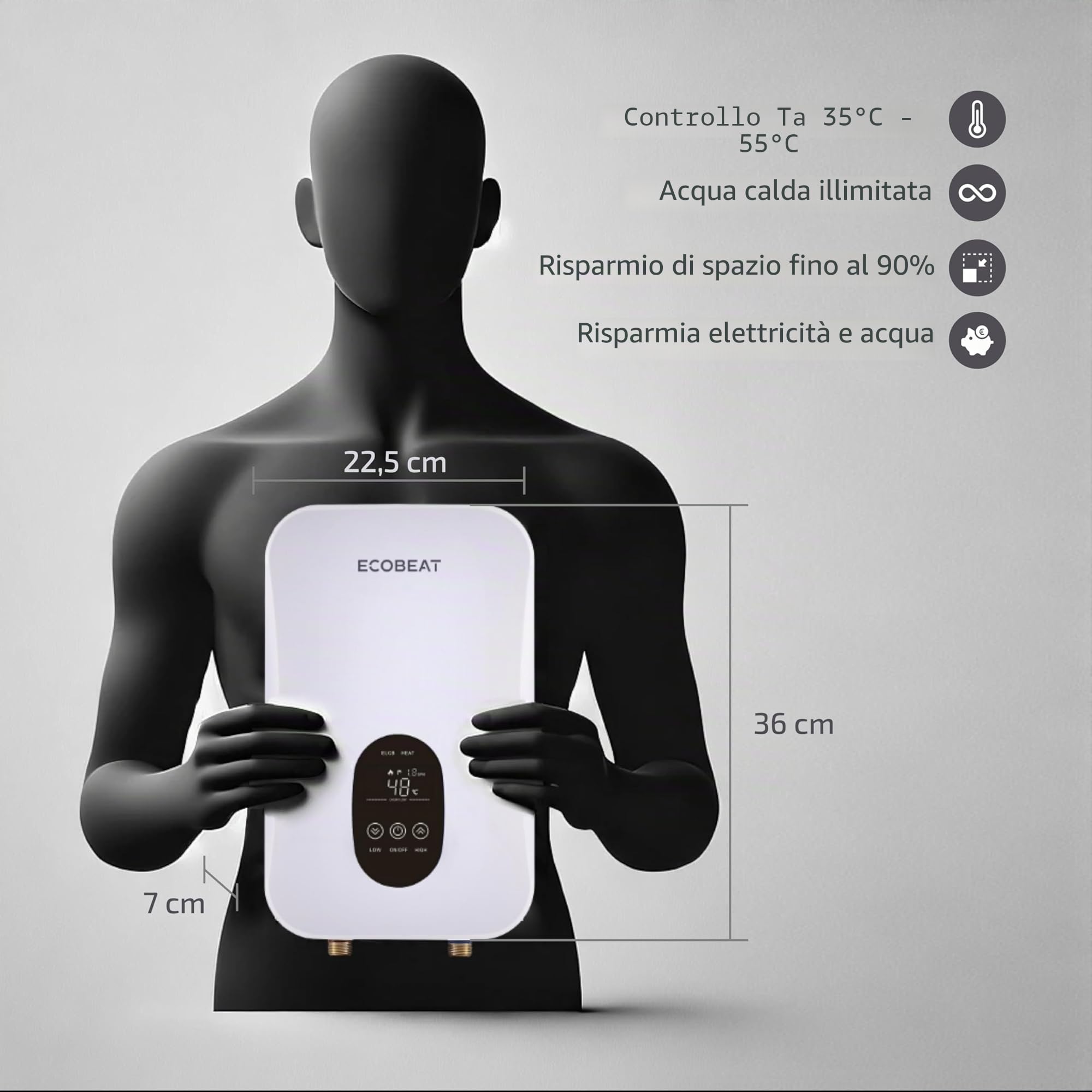 EcoBeat Scaldabagno istantaneo elettrico compatto (formato foglio), Thermos senza serbatoio, display touch a LED con temperatura graduabile. (5500 W)