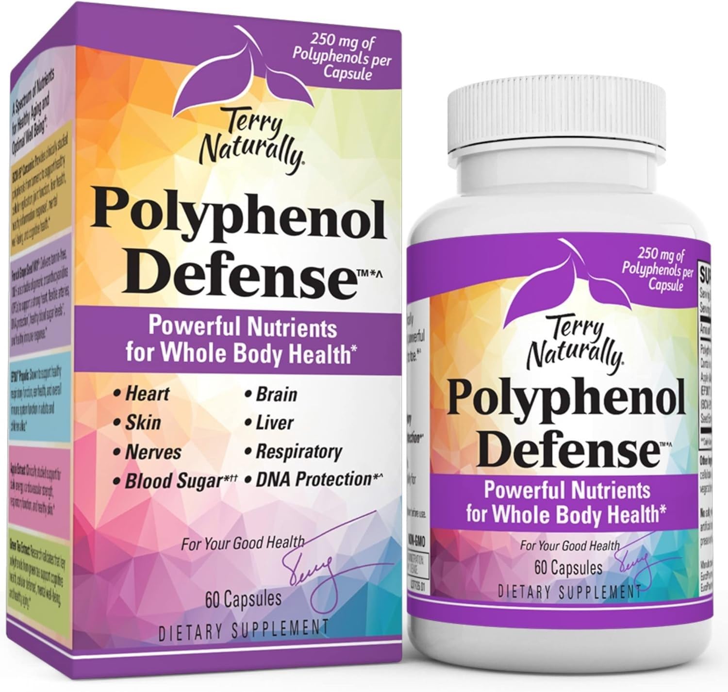 Terry Naturally Polyphenol Defense - Supplement to Support Brain, Liver & Nerve Health - Antioxidant Polyphenol Blend to Support Respiratory & Skin Health - Whole Body Health Support - 60 Capsules