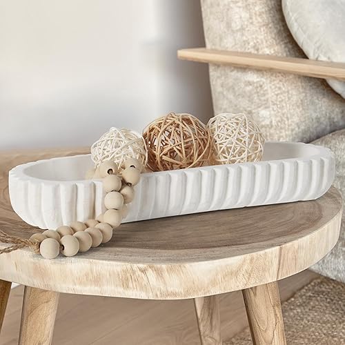 Miniatura 4 de Oakrain Cuenco decorativo de madera, cuenco de masa para decoración del hogar, cuenco asimétrico único con rayas verticales talladas a mano,