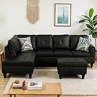 Vista 22 de Sofá modular de cuero en forma de L de 3 piezas – Sofá modular convertible con diván móvil y otomana de almacenamiento, uso multiescenario para sala